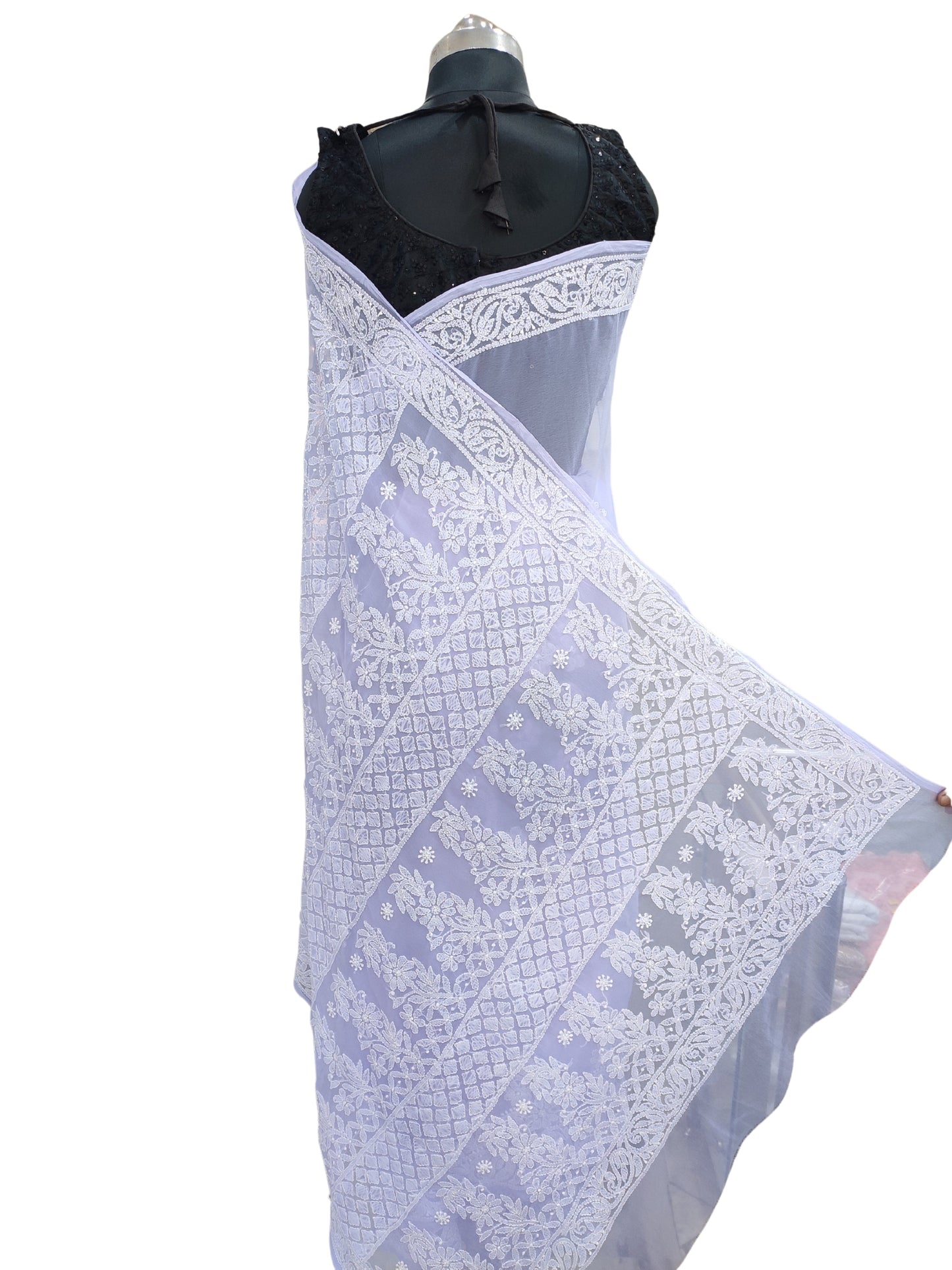 Shyamal Chikan Hand Embroidered Lavender Georgette Lucknowi Chikankari Skirt Saree With Blouse Piece - S26068