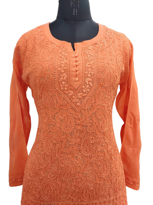 Shyamal Chikan Hand Embroidered Orange Viscose Georgette Lucknowi Chikankari Short Top S22806