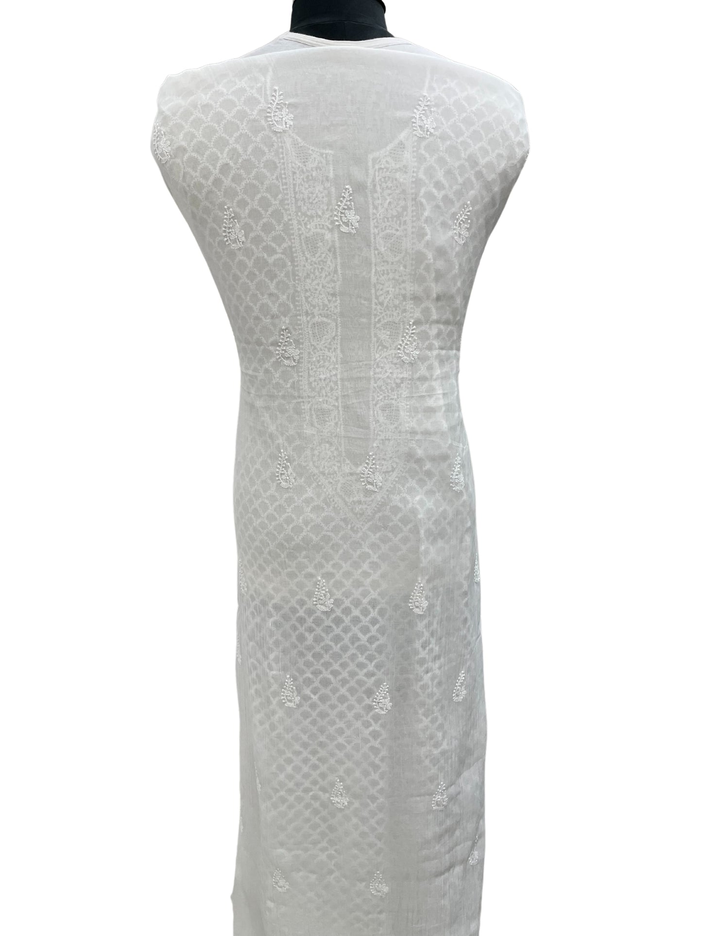Shyamal Chikan Hand Embroidered White Mul Chanderi Lucknowi Chikankari Unstitched Men's Kurta Piece – S20487
