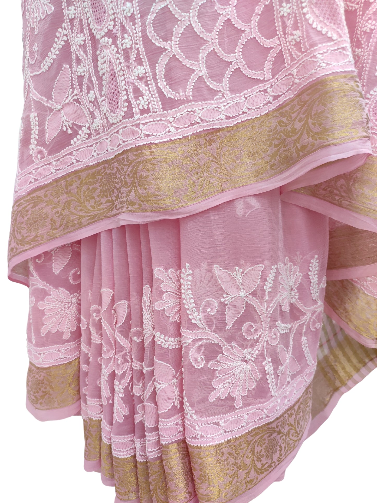 Shyamal Chikan Hand Embroidered Pink Pure Chiffon Lucknowi Chikankari Saree With Blouse Piece- S18697