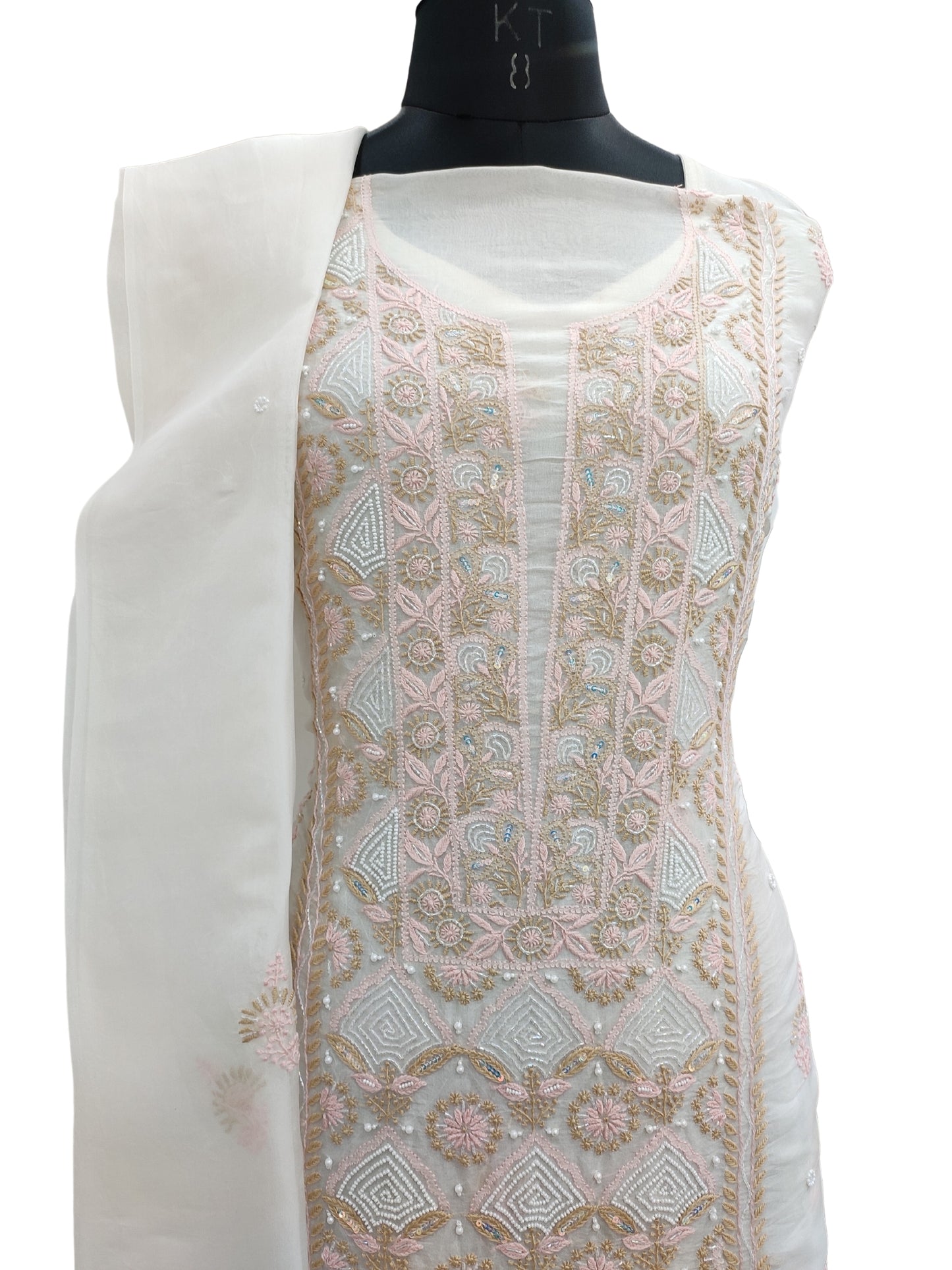 Shyamal Chikan Hand Embroidered White Organza Lucknowi Chikankari Unstitched Suit Piece ( Kurta Dupatta Set ) With Pearl And Cut Dana Work - S20168