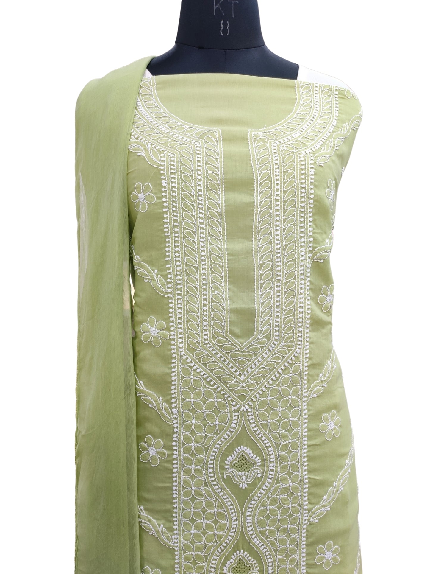 Shyamal Chikan Hand Embroidered Green Cotton Lucknowi Chikankari Unstitched Suit Piece - S26255