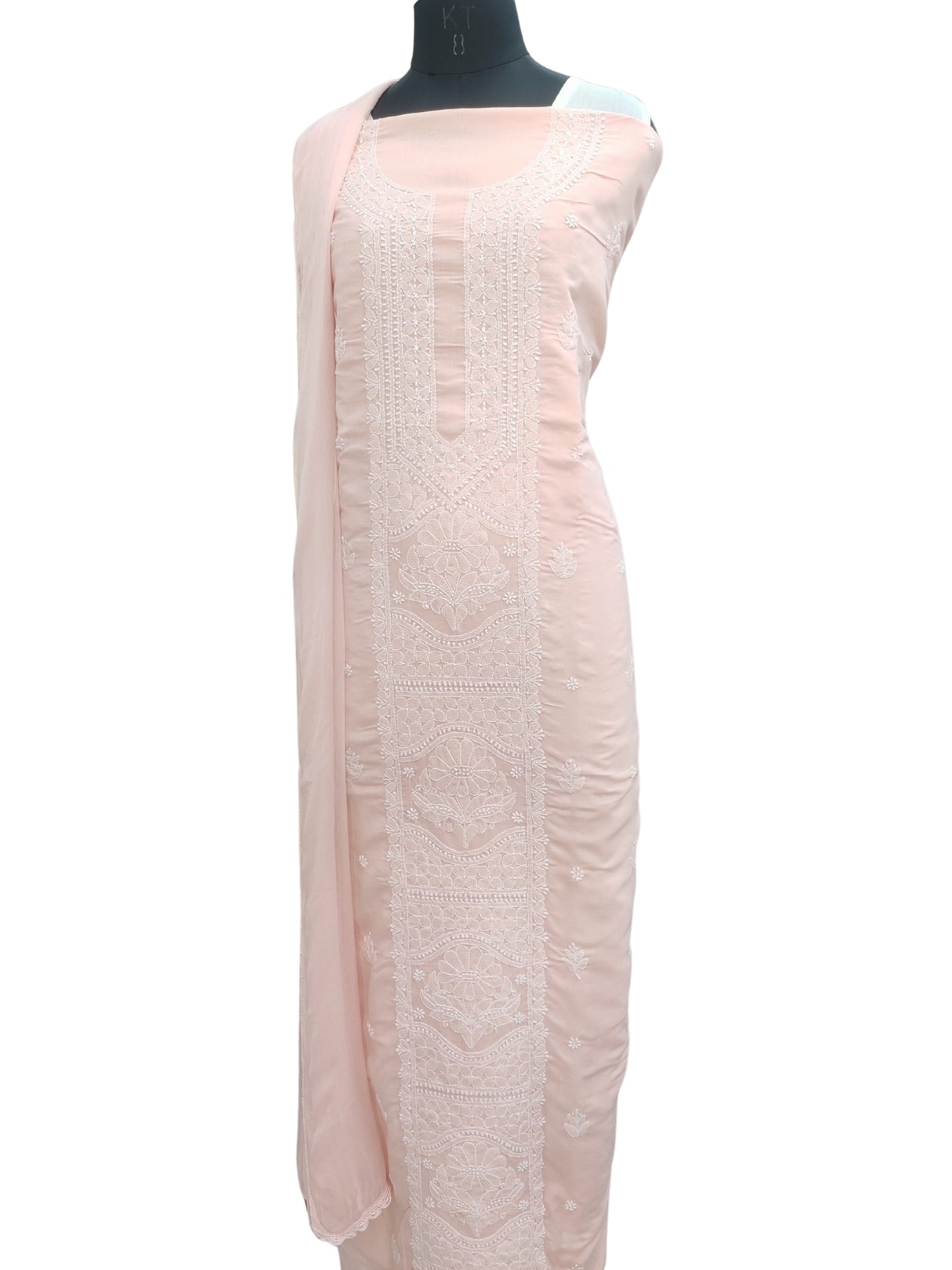 Shyamal Chikan Hand Embroidered Peach White Cotton Lucknowi Chikankari Unstitched Suit Piece With Cotton Dupatta & Jaali Work - S26707