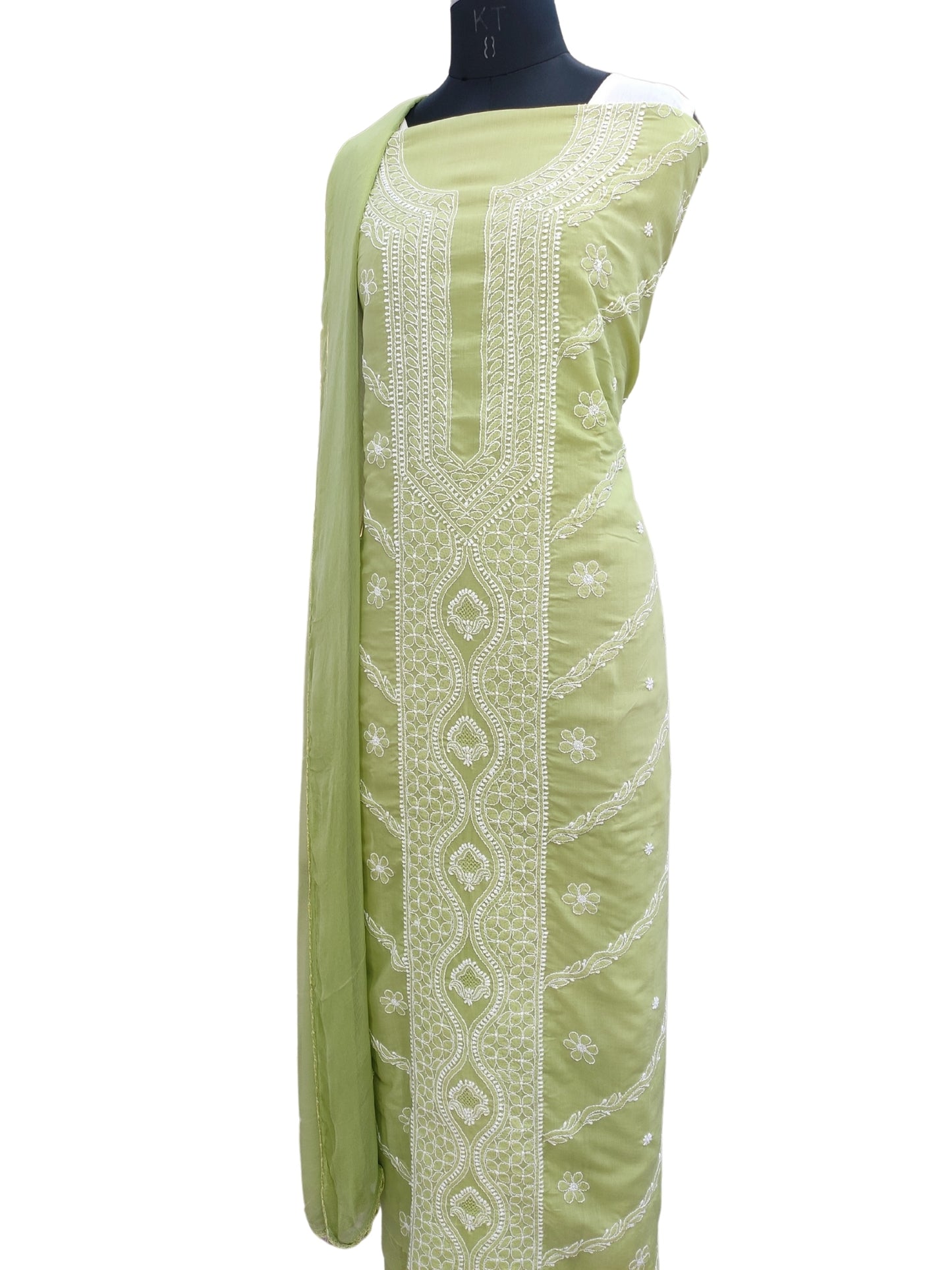 Shyamal Chikan Hand Embroidered Green Cotton Lucknowi Chikankari Unstitched Suit Piece - S26255