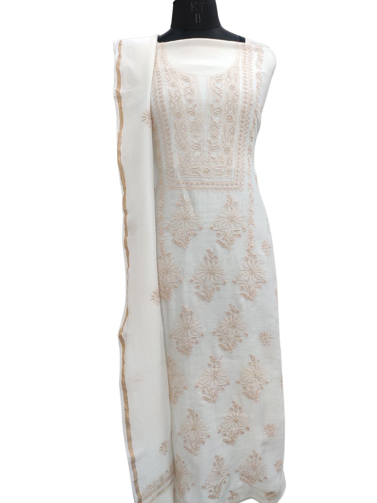 Shyamal Chikan Hand Embroidered White Pure Chanderi Silk Lucknowi Chikankari Unstitched Suit Piece ( Set of 2 ) - S20481