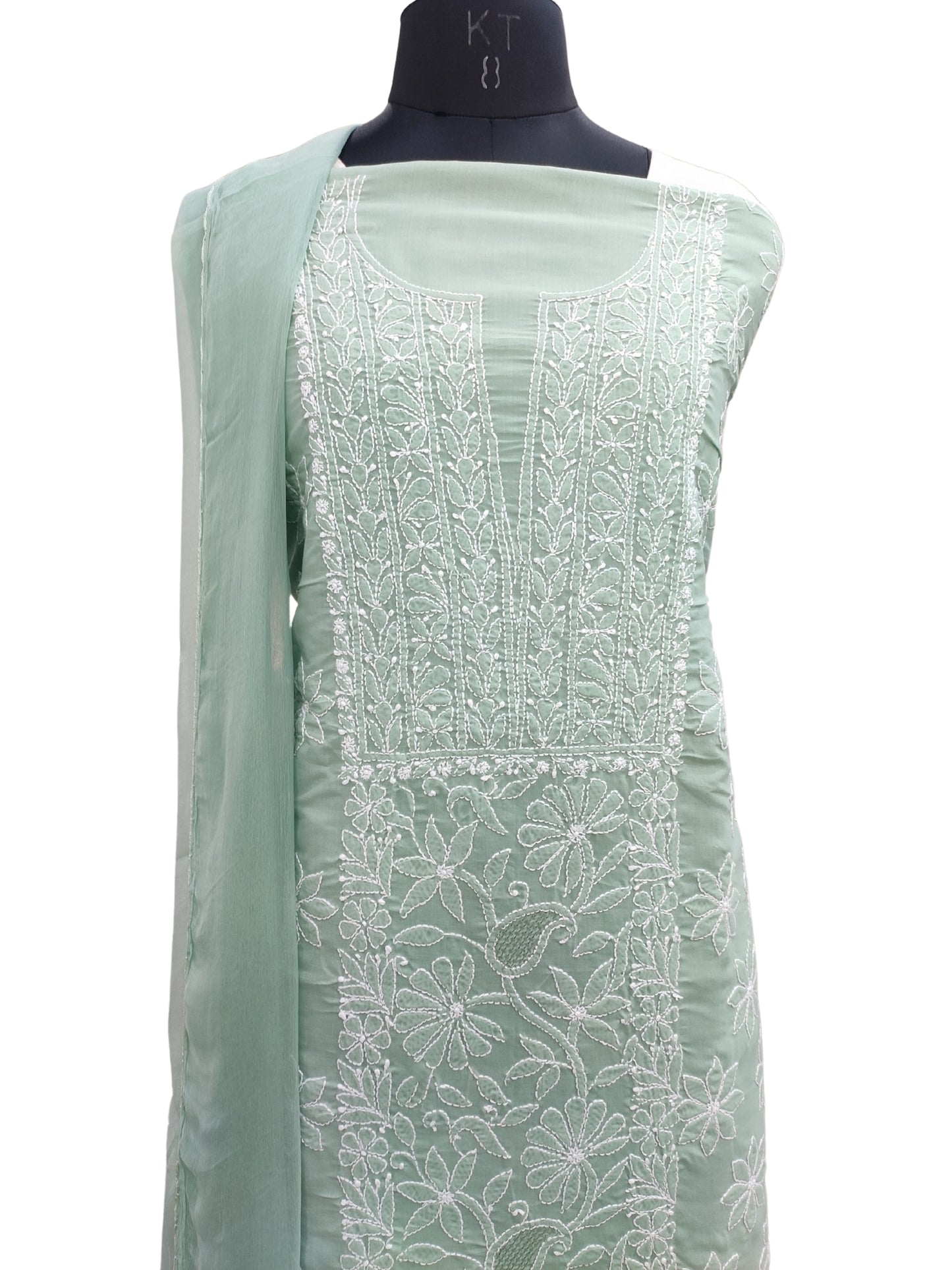 Shyamal Chikan Hand Embroidered Green Cotton Lucknowi Chikankari Unstitched Suit Piece - S26263