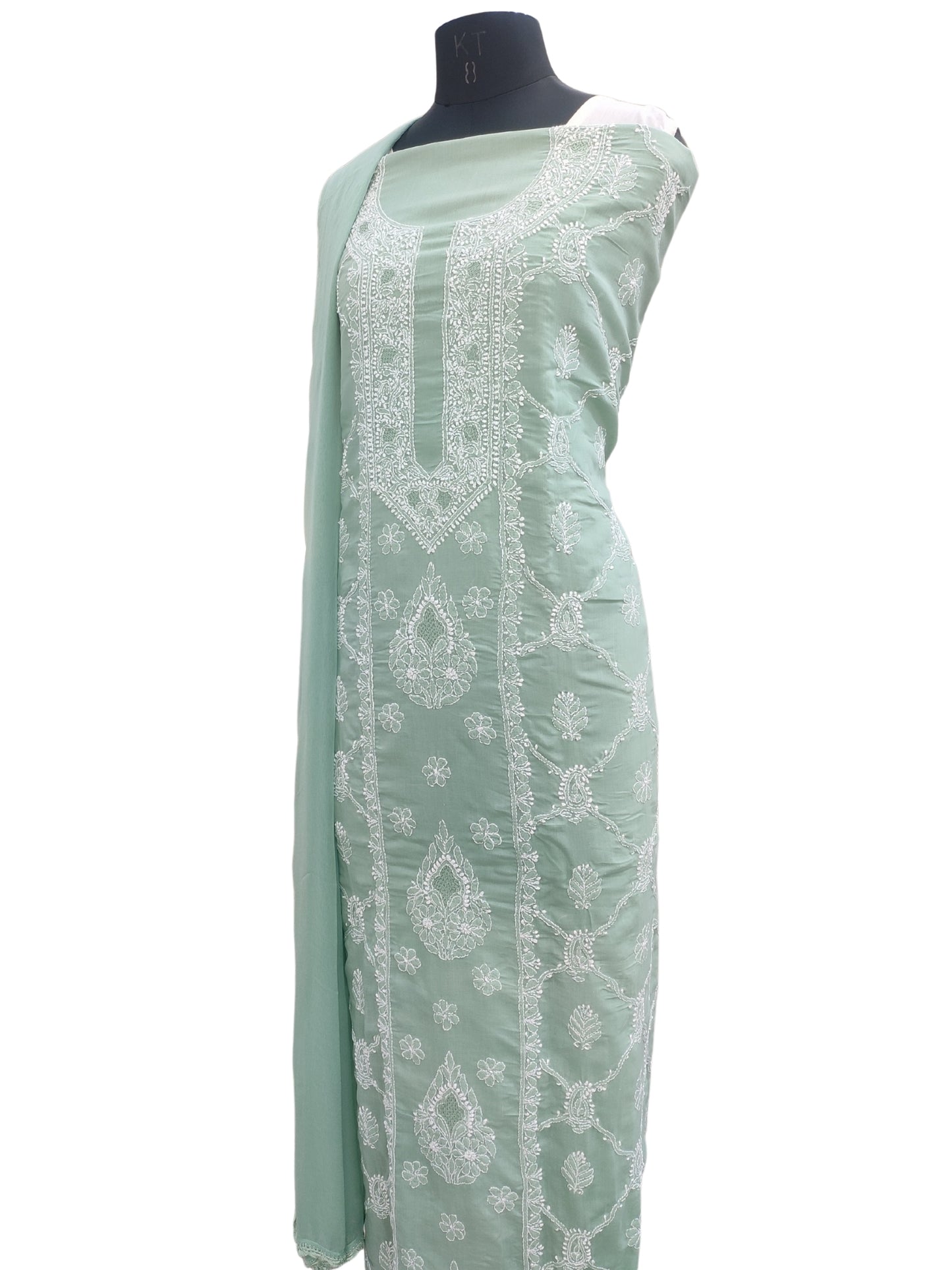 Shyamal Chikan Hand Embroidered Green Cotton Lucknowi Chikankari Unstitched Suit Piece - S26711