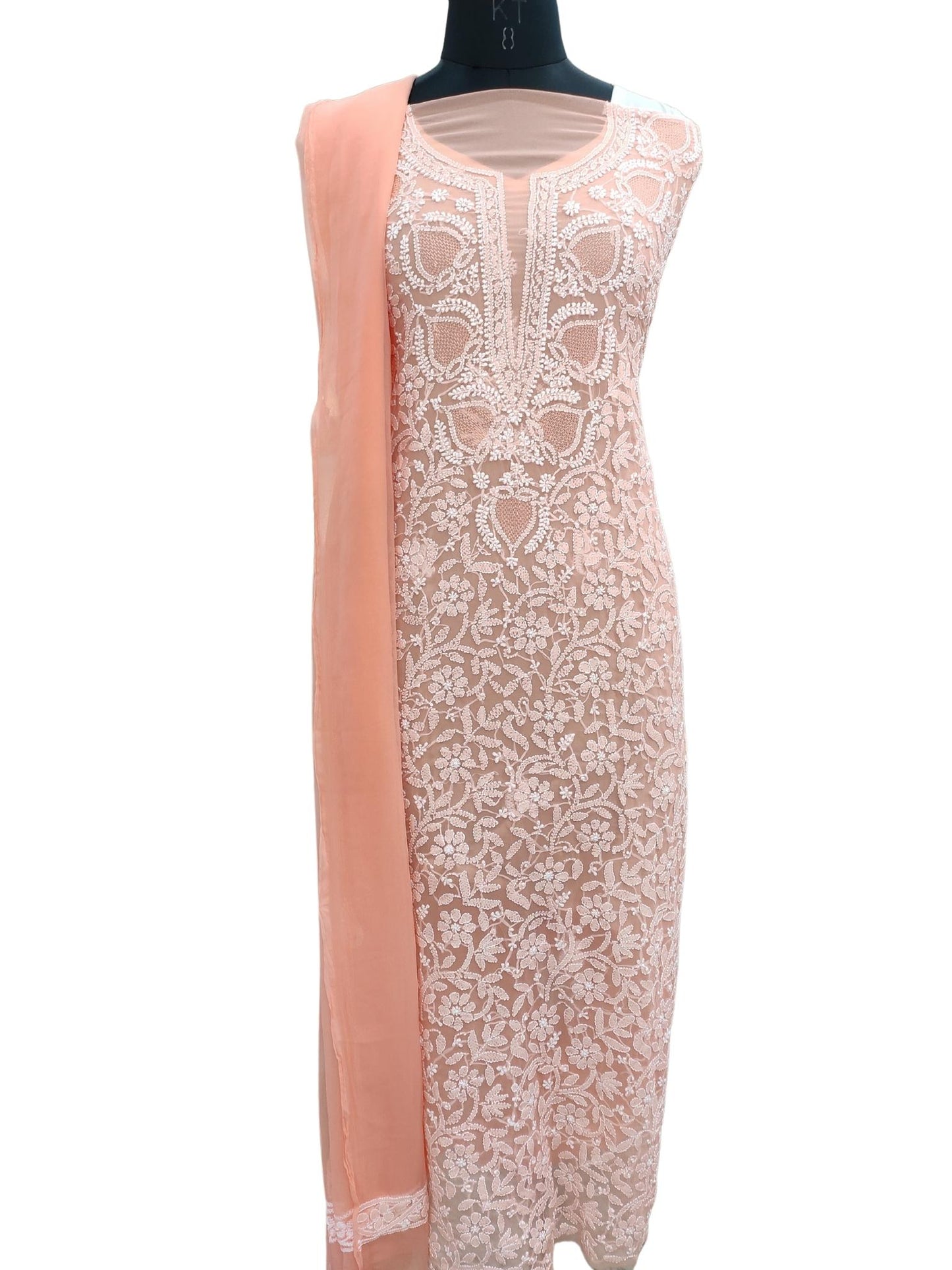 Shyamal Chikan Hand Embroidered Peach Georgette Lucknowi Chikankari Unstitched Suit Piece with Jaali work - S20235