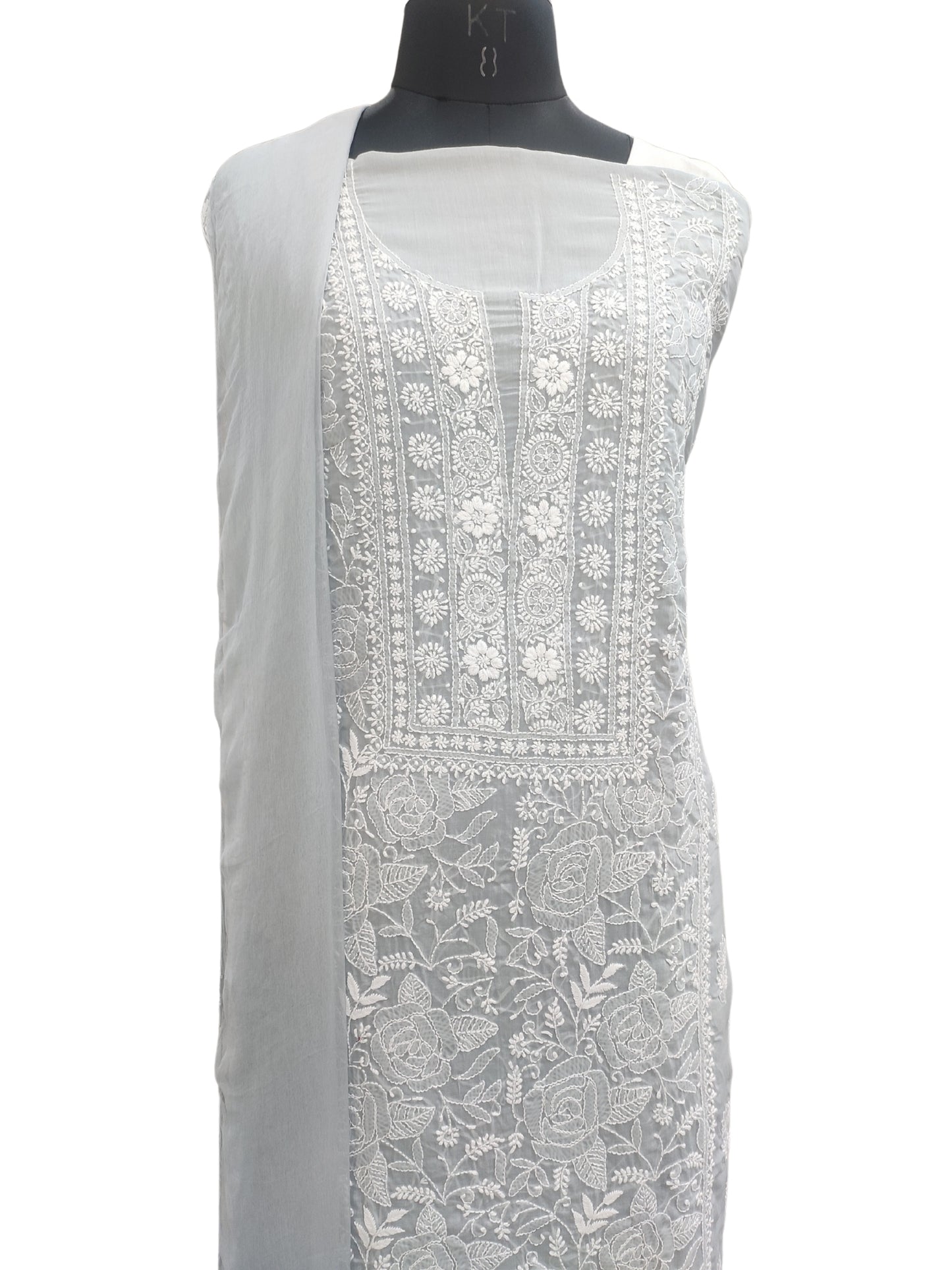 Shyamal Chikan Hand Embroidered Grey Cotton Lucknowi Chikankari Unstitched Suit Piece S26718