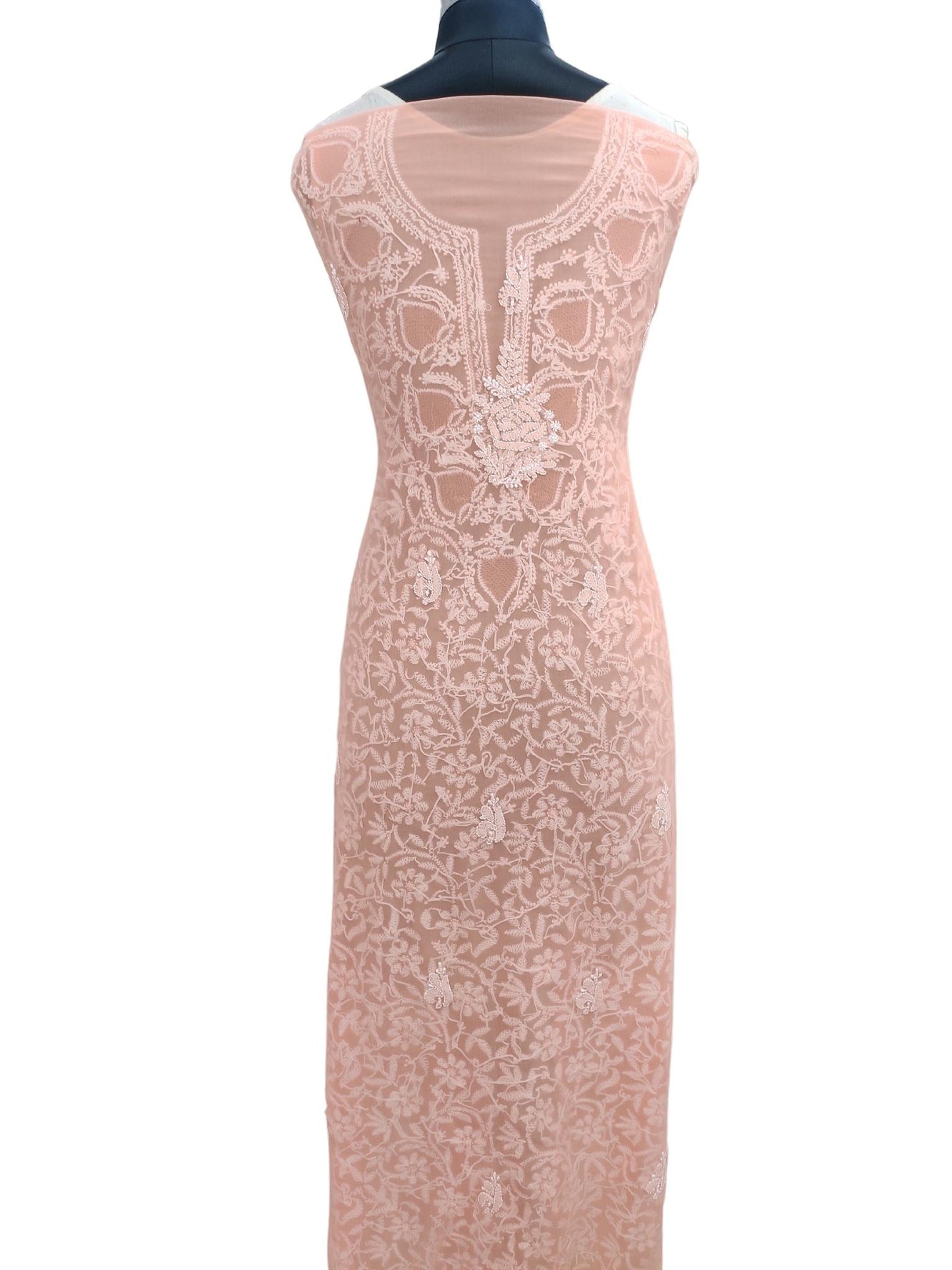 Shyamal Chikan Hand Embroidered Peach Georgette Lucknowi Chikankari Unstitched Suit Piece with Jaali work - S20235