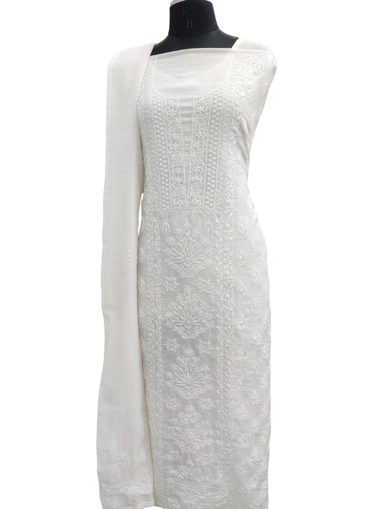 Shyamal Chikan Hand Embroidered White Maheshwari Lucknowi Chikankari Unstitched Suit Piece - S26188