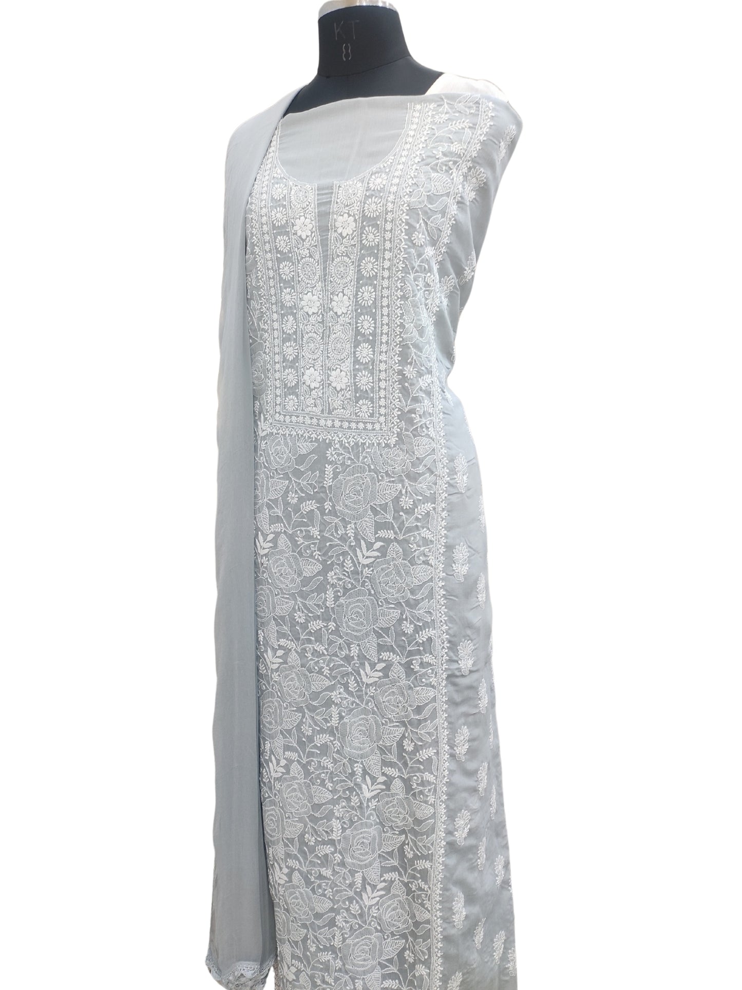 Shyamal Chikan Hand Embroidered Grey Cotton Lucknowi Chikankari Unstitched Suit Piece S26718