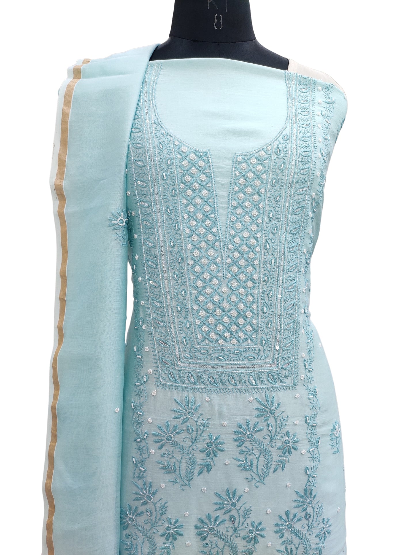 Shyamal Chikan Hand Embroidered Blue Chanderi Lucknowi Chikankari Unstitched Suit Piece with Pearl & Sequin Work (Kurta Dupatta Set) - S20481