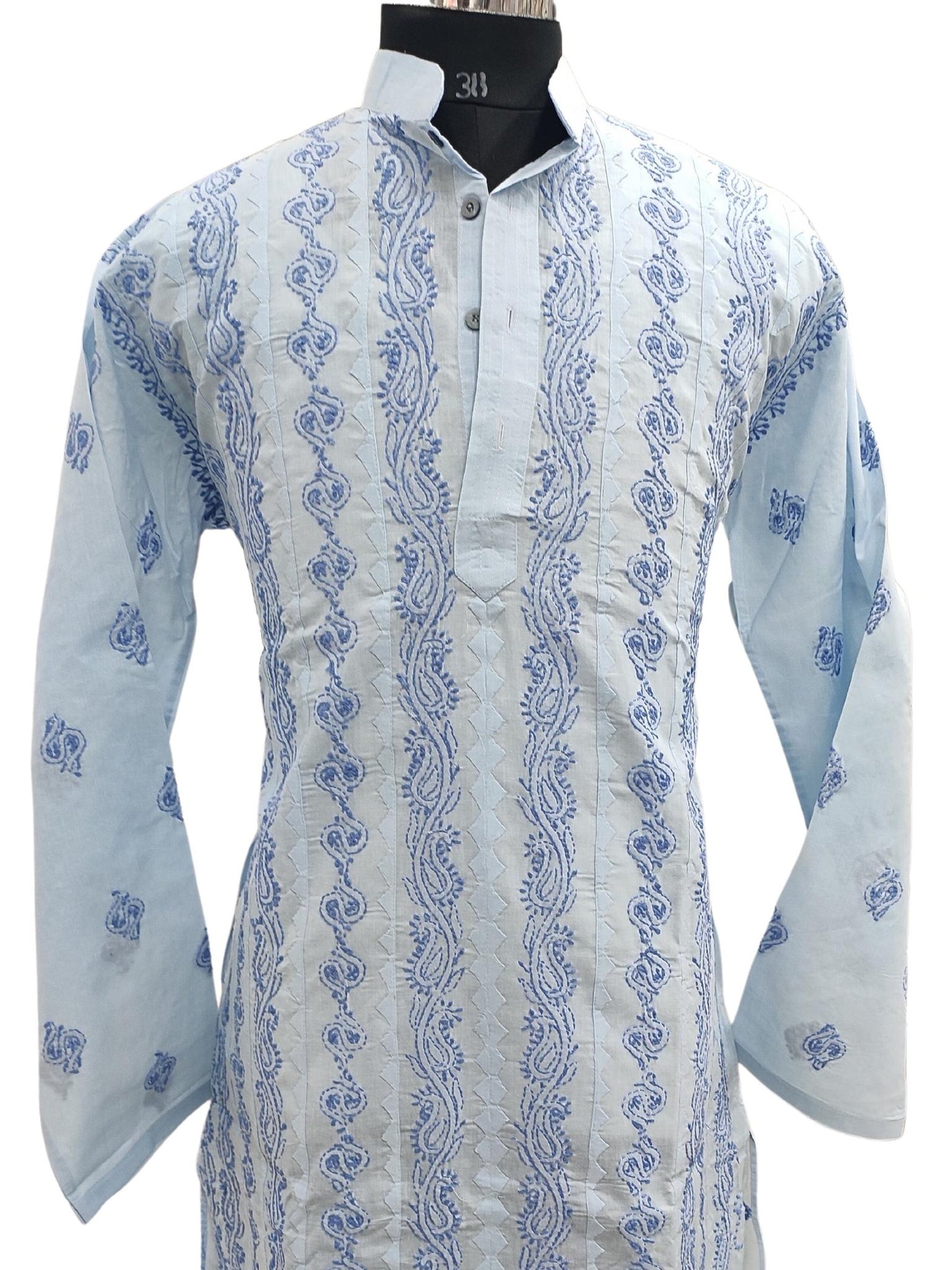 ShyamaChikan Hand Embroidered Blue Cotton Lucknowi Chikankari Men's Kurta With Daraz Work –S15096