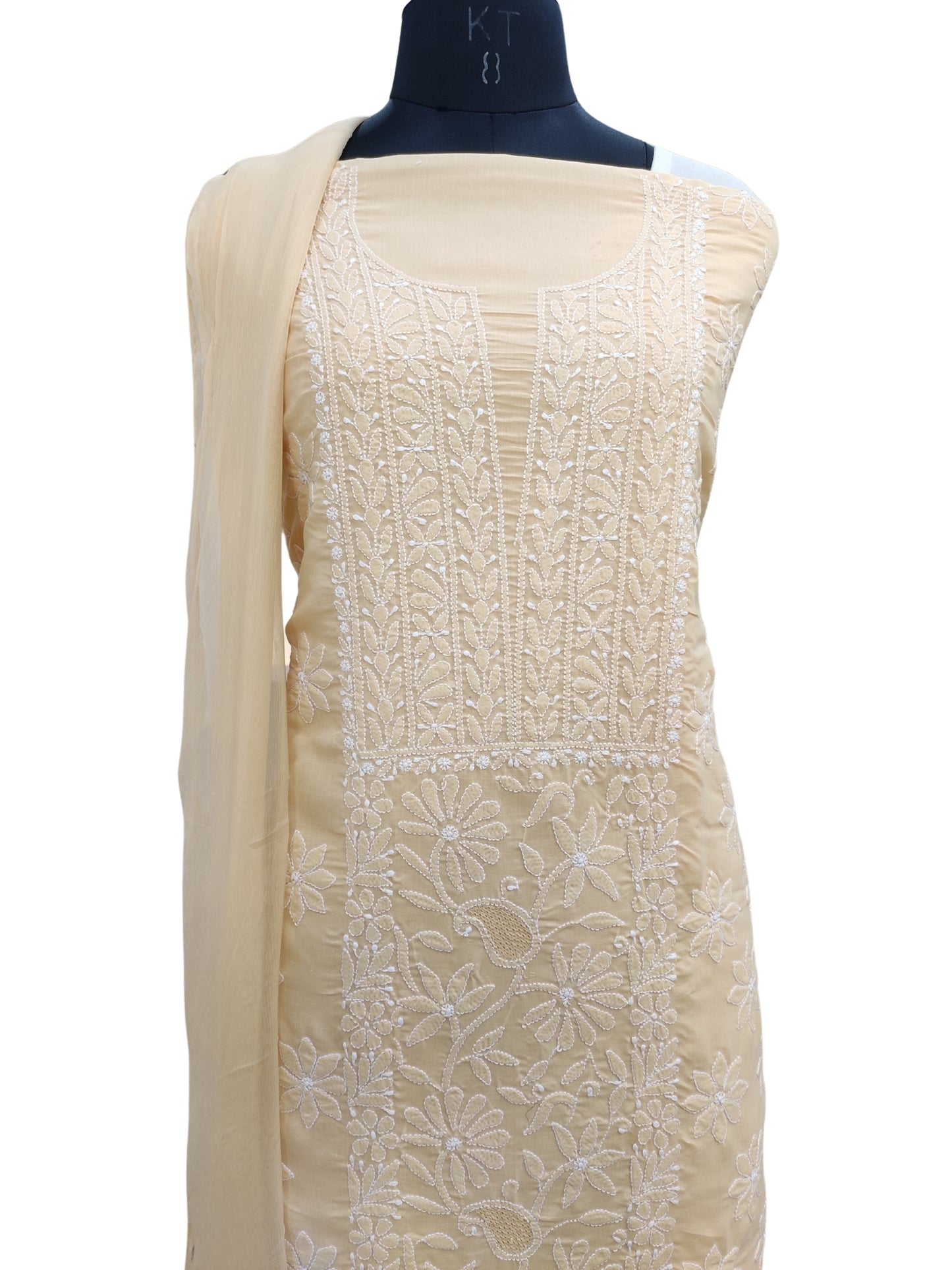 Shyamal Chikan Hand Embroidered Beige Cotton Lucknowi Chikankari Unstitched Suit Piece - S26267
