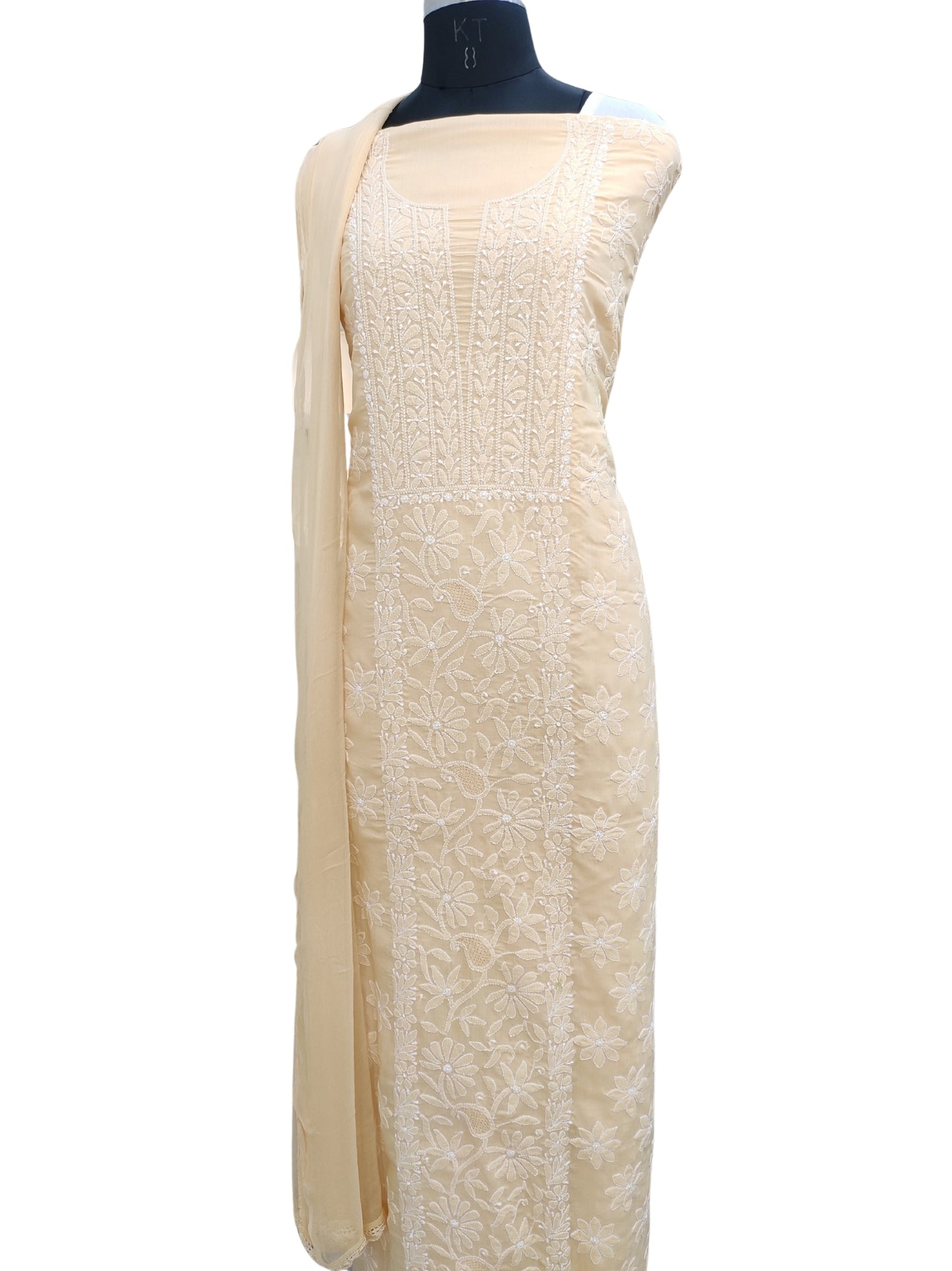 Shyamal Chikan Hand Embroidered Beige Cotton Lucknowi Chikankari Unstitched Suit Piece - S26267
