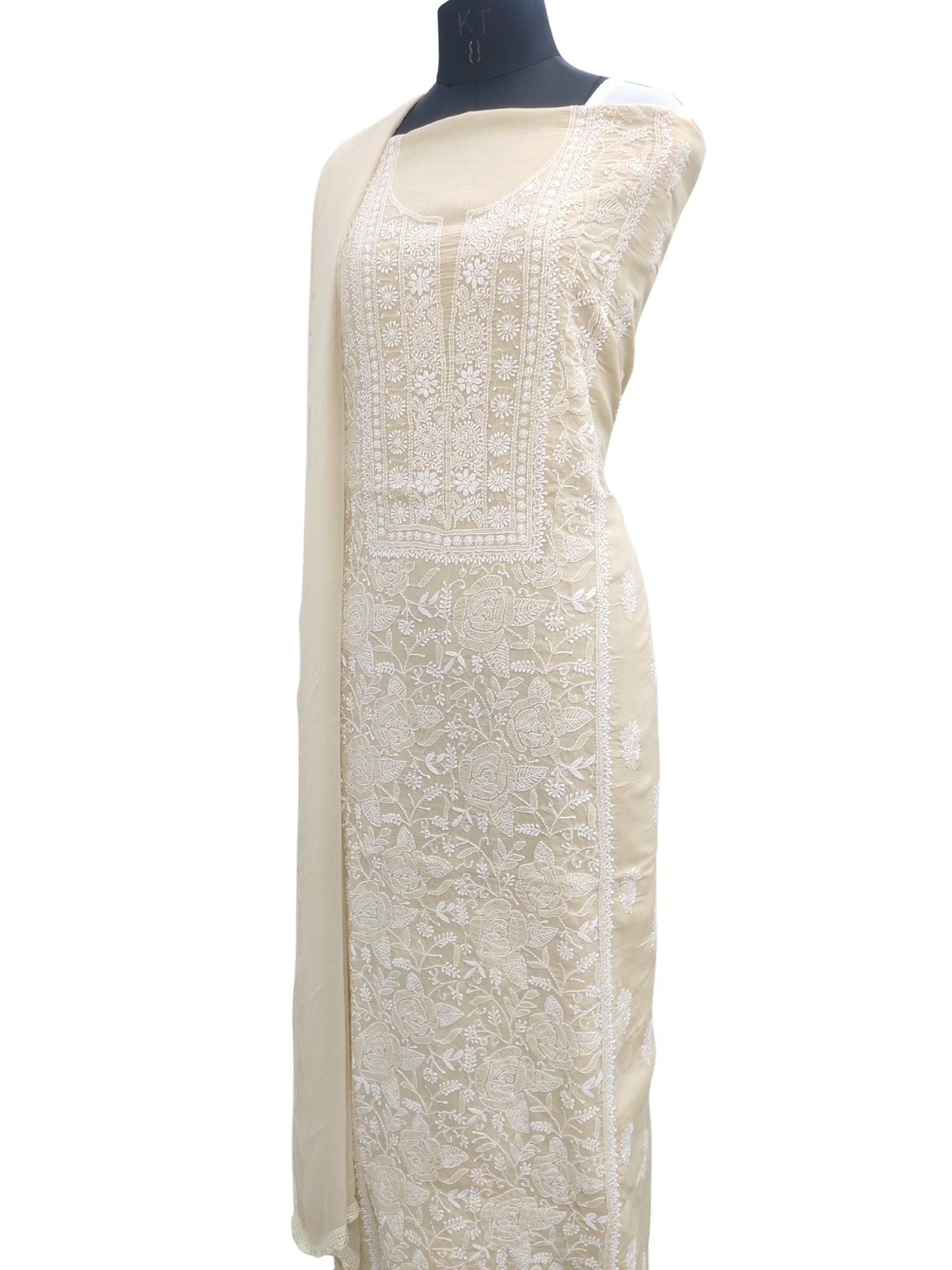 Shyamal Chikan Hand Embroidered Beige Cotton Lucknowi Chikankari Unstitched Suit Piece S26719