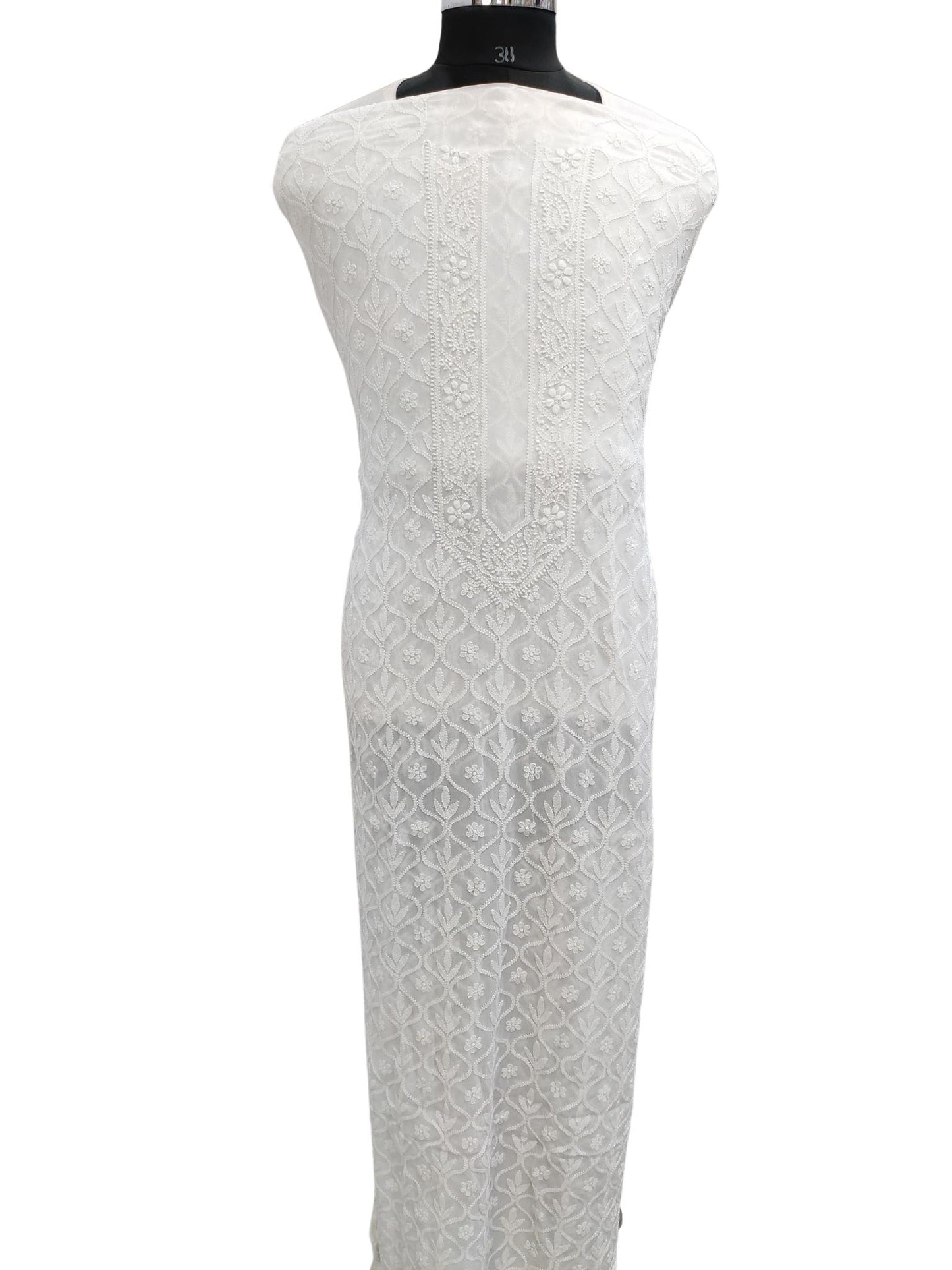 Shyamal Chikan Hand Embroidered White Viscose Georgette Lucknowi All-Over Chikankari Unstitched Men's Kurta Piece – S19914