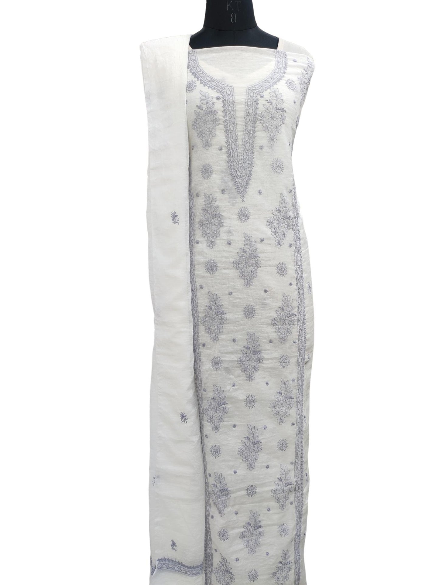 Shyamal Chikan Hand Embroidered White Pure Lenin Lucknowi Chikankari Unstitched Suit Piece ( Set of 2 )- S20475