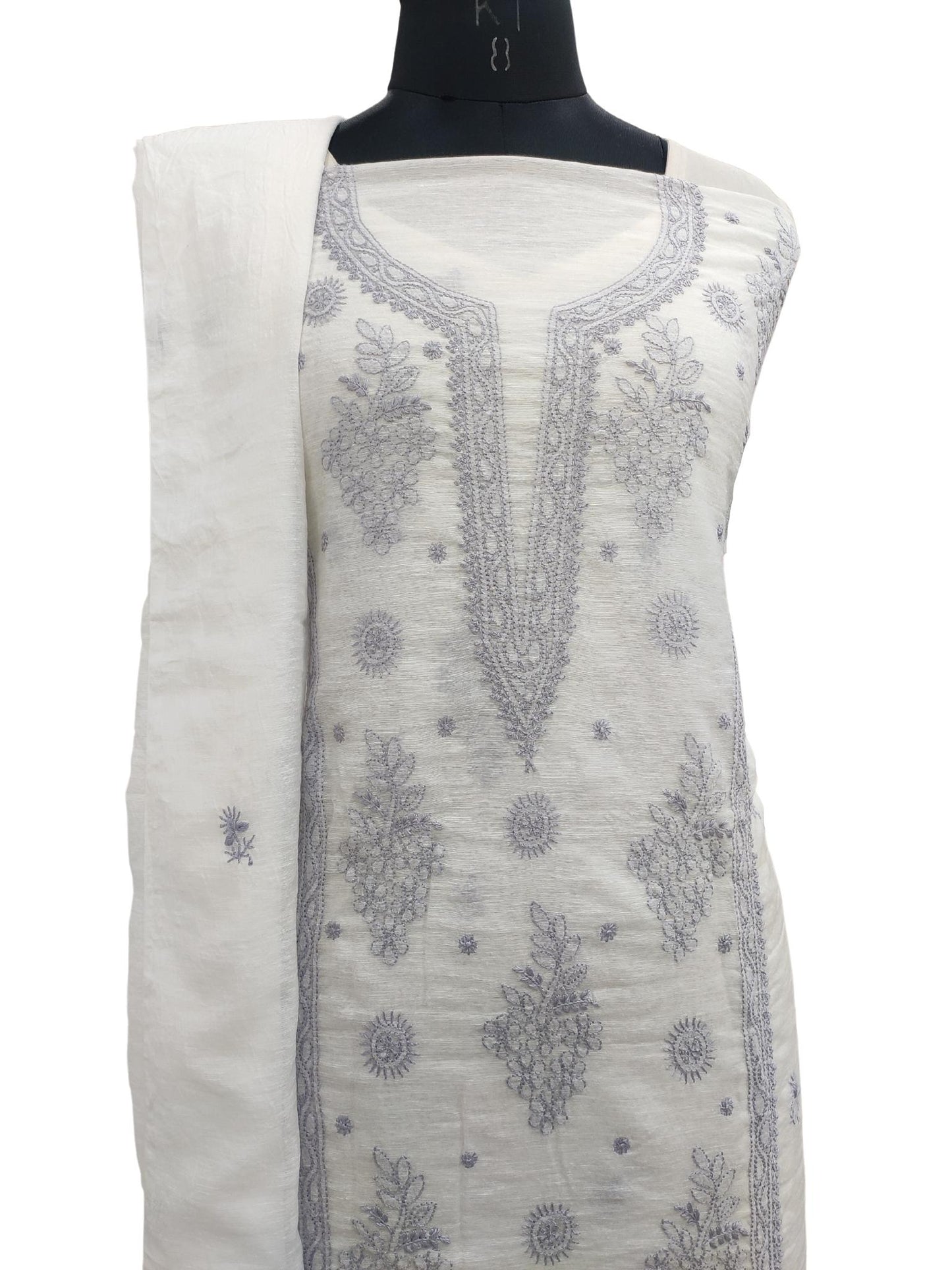Shyamal Chikan Hand Embroidered White Pure Lenin Lucknowi Chikankari Unstitched Suit Piece ( Kurta Dupatta Set )- S20475