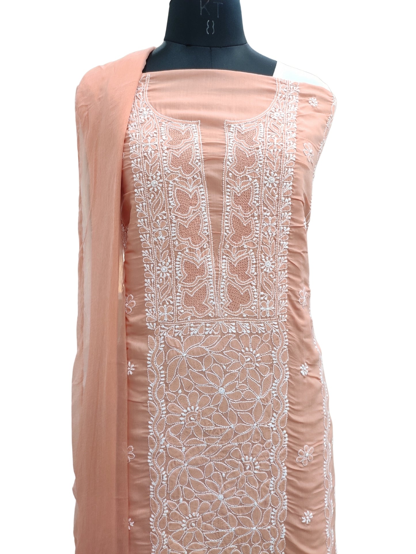 Shyamal Chikan Hand Embroidered Peach Cotton Lucknowi Chikankari Unstitched Suit Piece - S26259