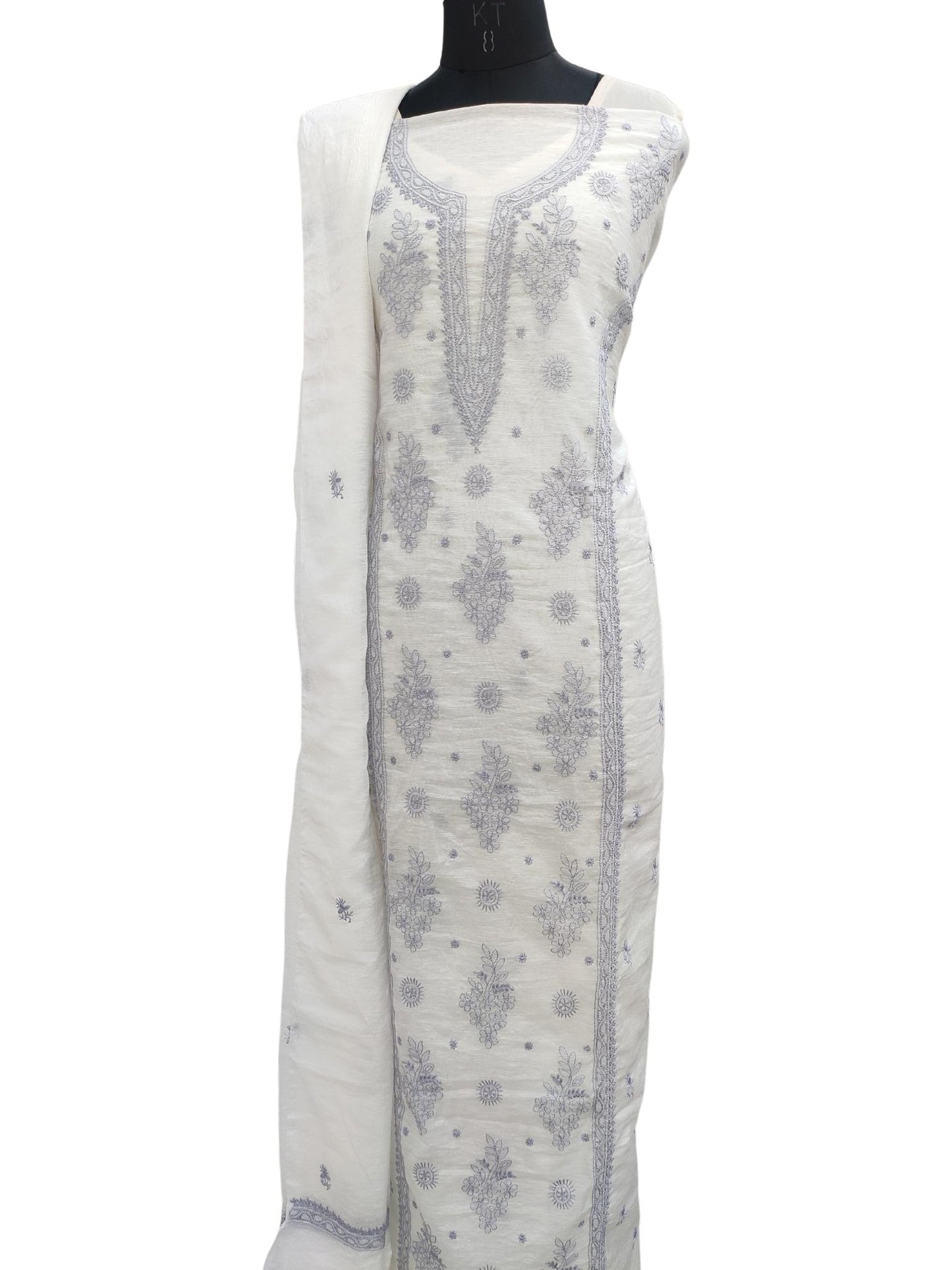 Shyamal Chikan Hand Embroidered White Pure Lenin Lucknowi Chikankari Unstitched Suit Piece ( Kurta Dupatta Set )- S20475