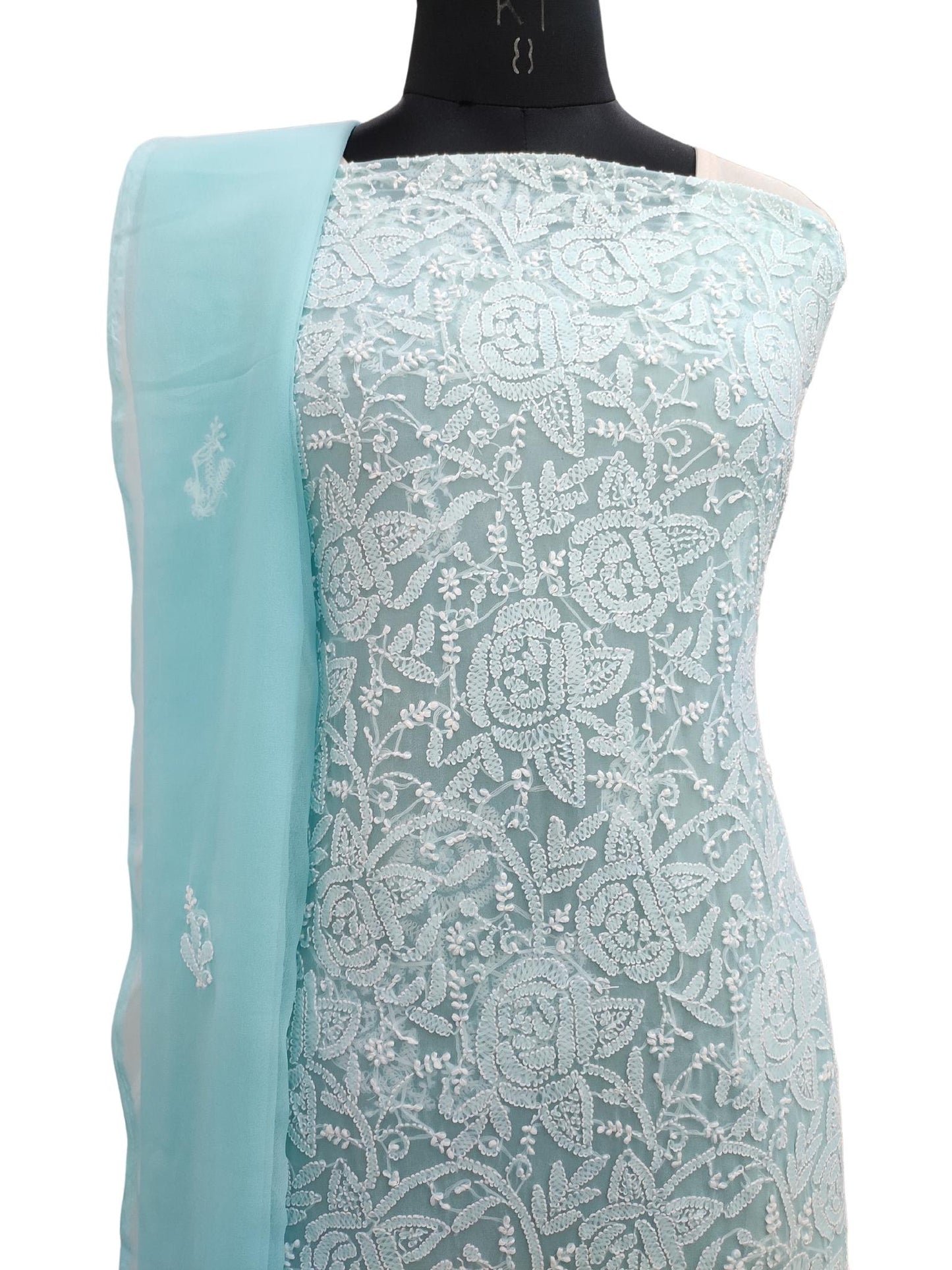 Shyamal Chikan Hand Embroidered Blue Georgette Lucknowi Chikankari Unstitched Suit Piece - S20241