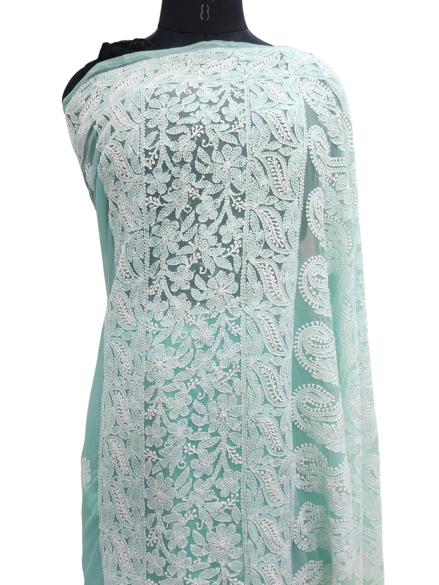 Shyamal Chikan Hand Embroidered Sea Green Georgette Lucknowi Chikankari Skirt Saree With Blouse Piece - S26048