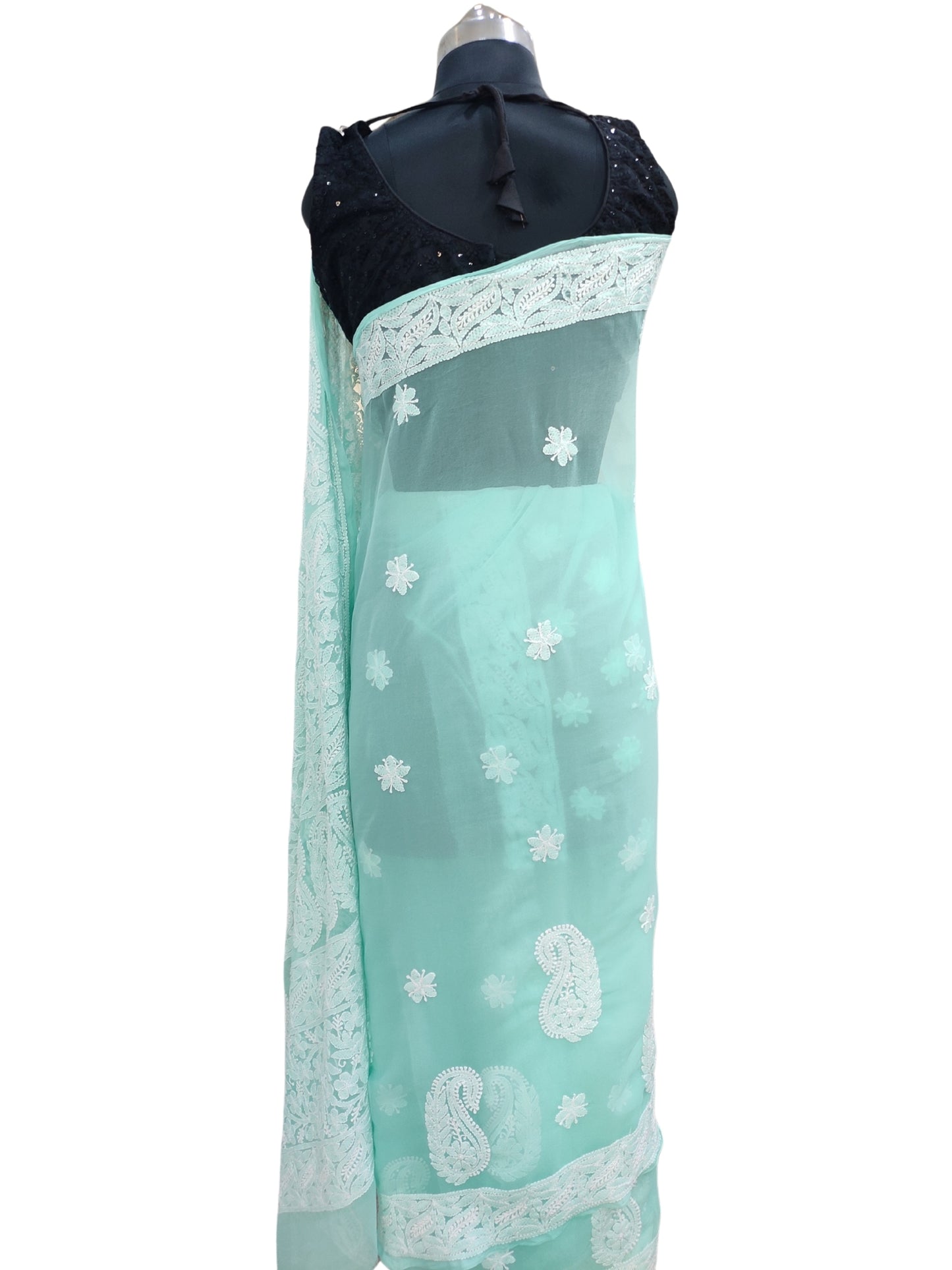 Shyamal Chikan Hand Embroidered Sea Green Georgette Lucknowi Chikankari Skirt Saree With Blouse Piece - S26048