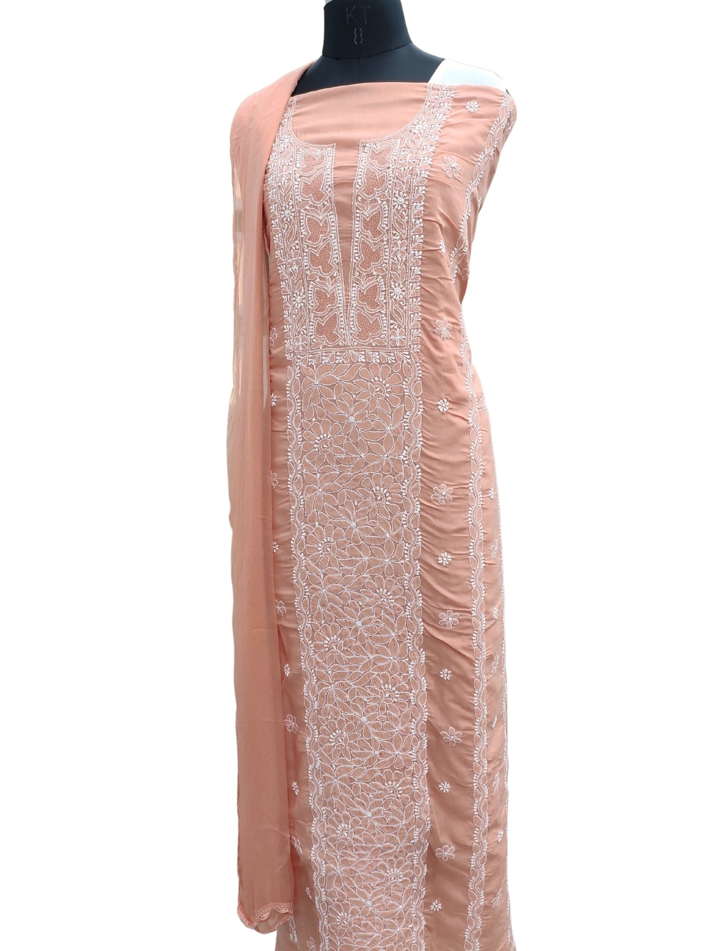 Shyamal Chikan Hand Embroidered Peach Cotton Lucknowi Chikankari Unstitched Suit Piece - S26259