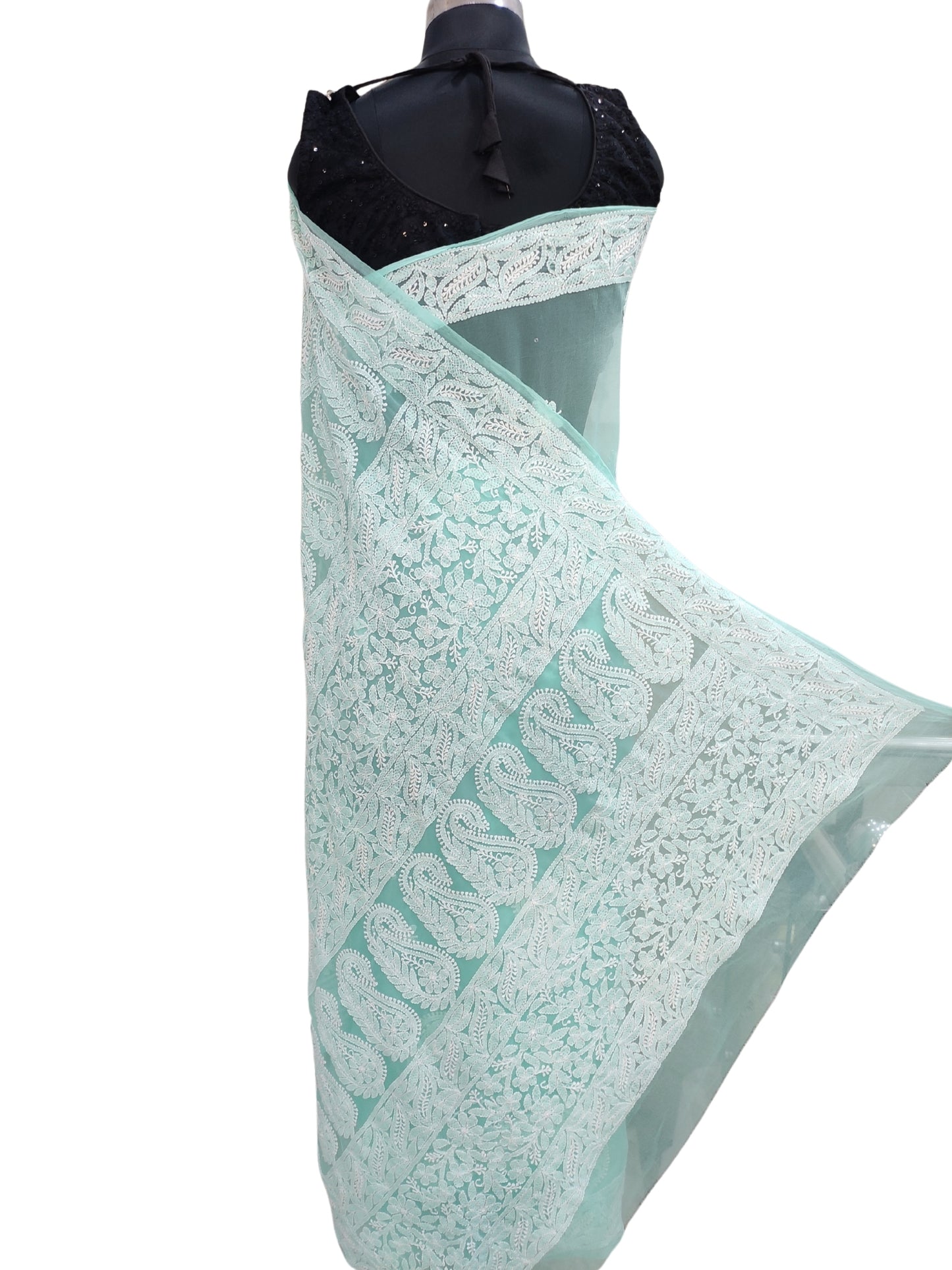 Shyamal Chikan Hand Embroidered Sea Green Georgette Lucknowi Chikankari Skirt Saree With Blouse Piece - S26048