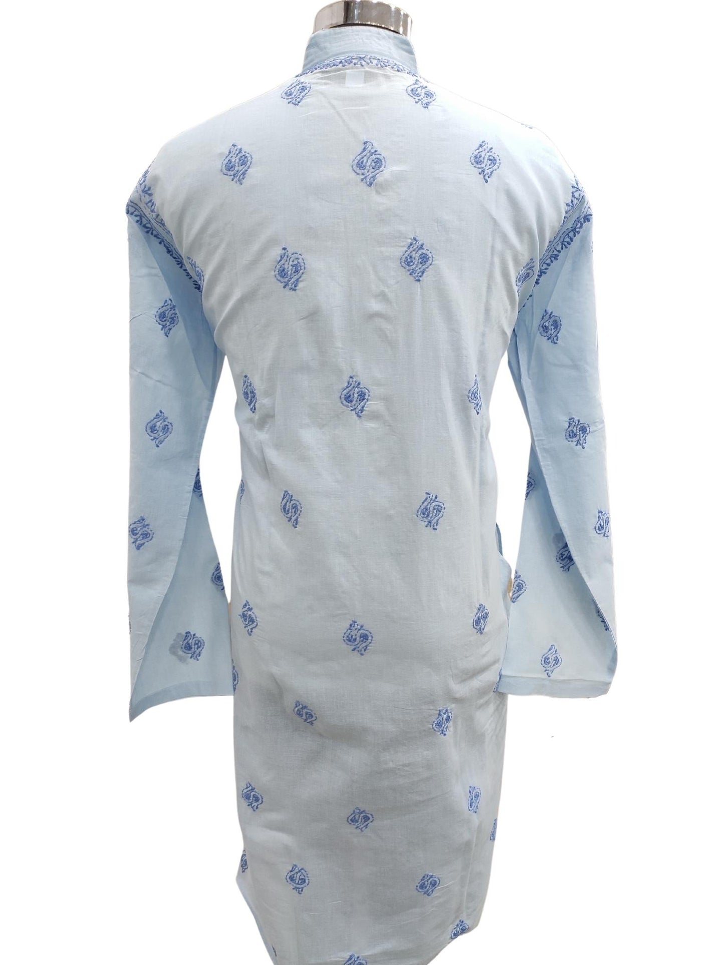 ShyamaChikan Hand Embroidered Blue Cotton Lucknowi Chikankari Men's Kurta With Daraz Work –S15096