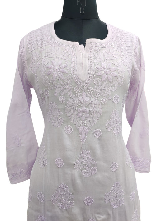 Shyamal Chikan Hand Embroidered Lavender Pure Cotton Lucknowi Chikankari Short Top- S22681