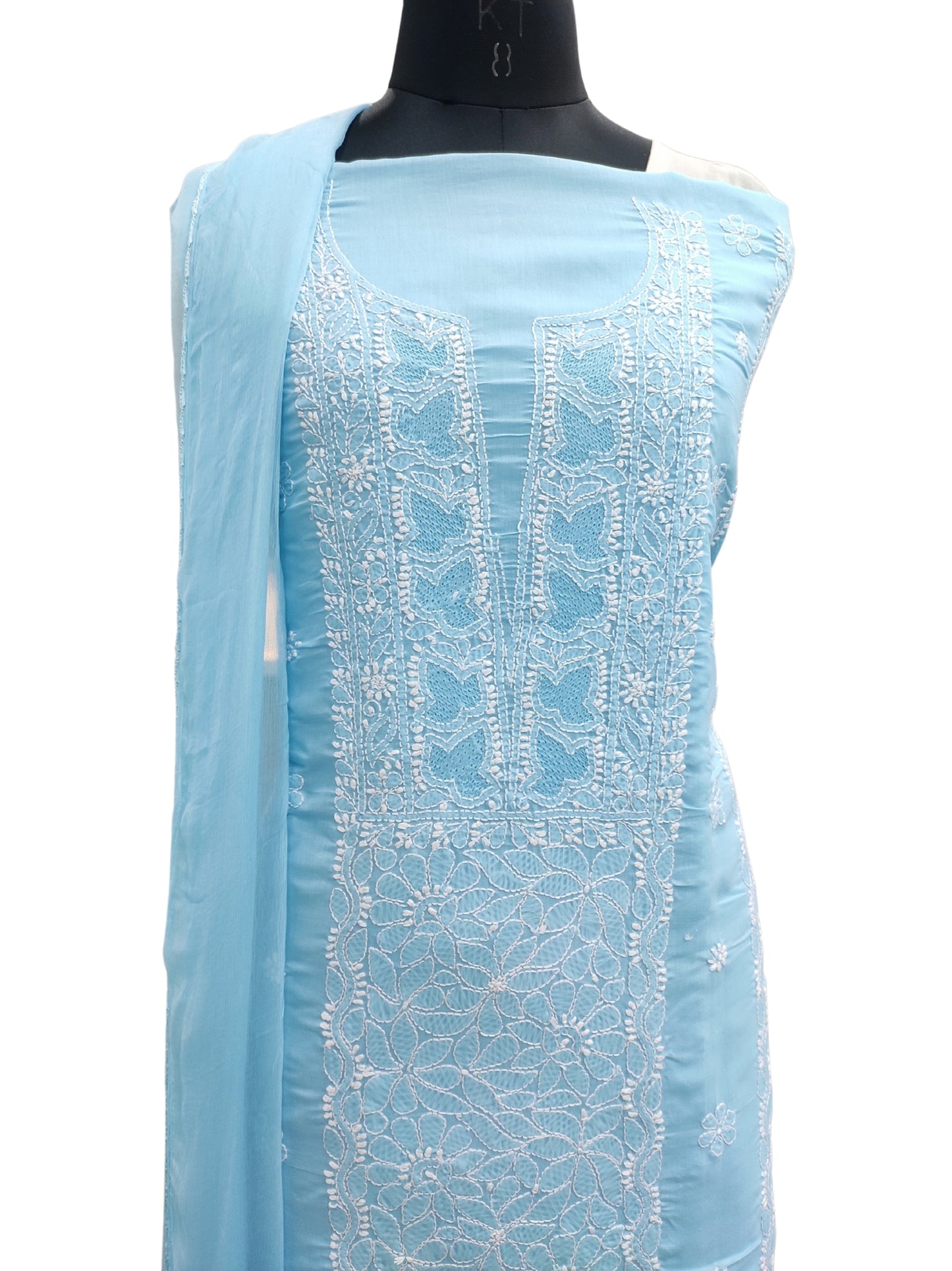 Shyamal Chikan Hand Embroidered Blue Cotton Lucknowi Chikankari Unstitched Suit Piece - S26261