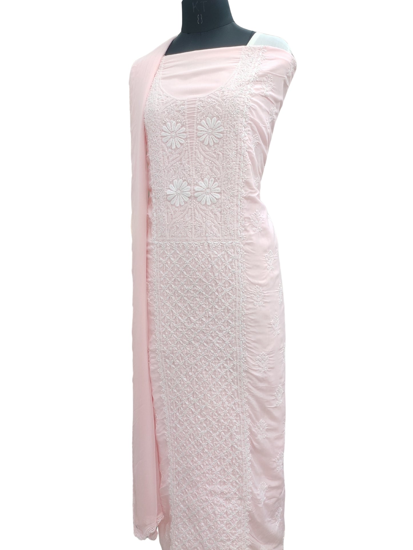 Shyamal Chikan Hand Embroidered Pink Cotton Lucknowi Chikankari Unstitched Suit Piece With Jaali Work- S26720