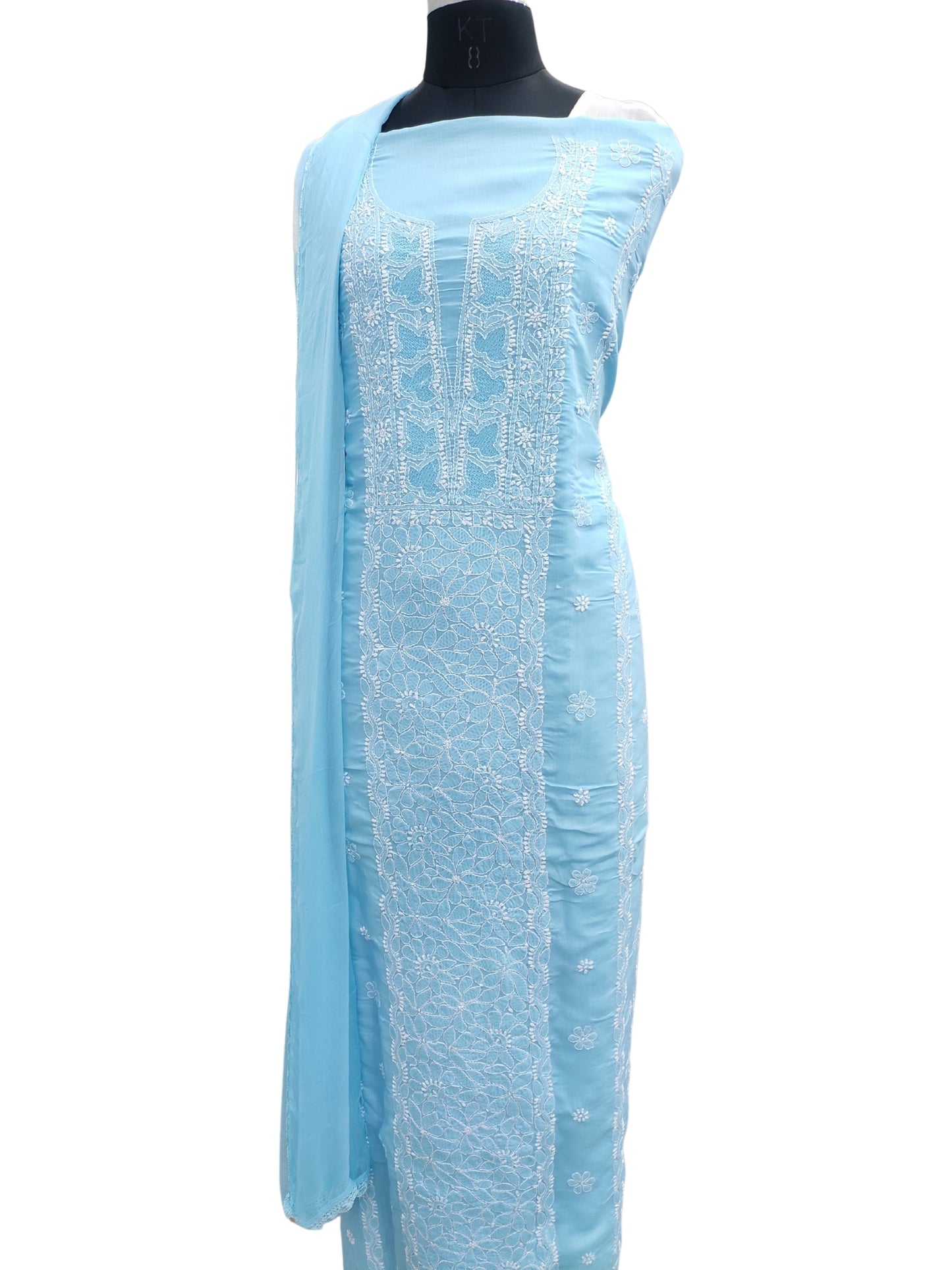Shyamal Chikan Hand Embroidered Blue Cotton Lucknowi Chikankari Unstitched Suit Piece - S26261