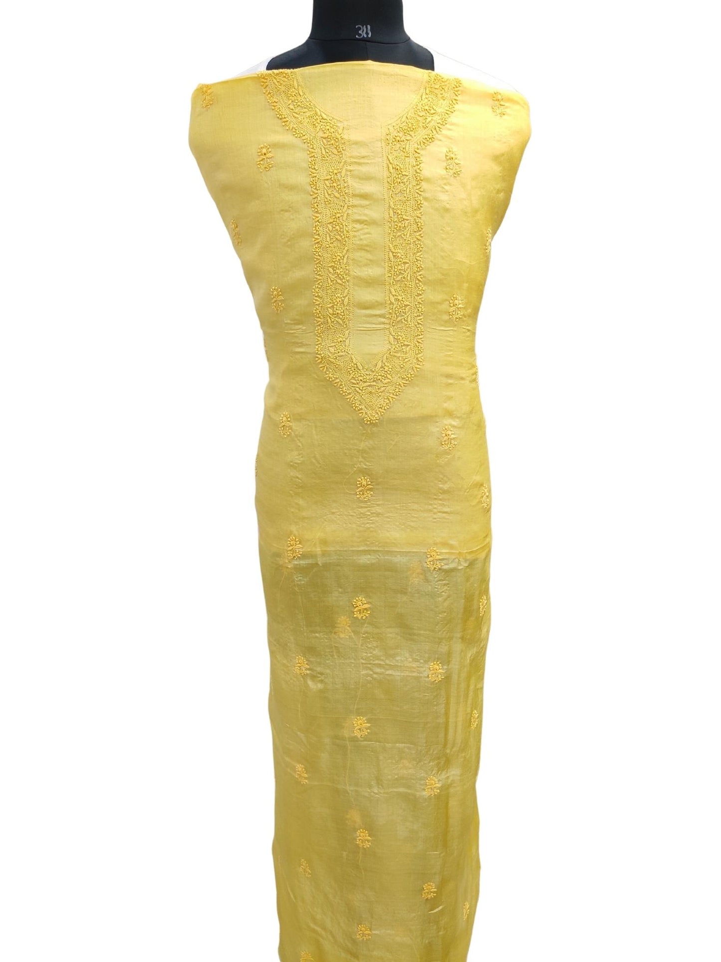 Shyamal Chikan Hand Embroidered Yellow Pure Tusser Silk Lucknowi Chikankari Unstitched Men's Kurta Piece – S20931