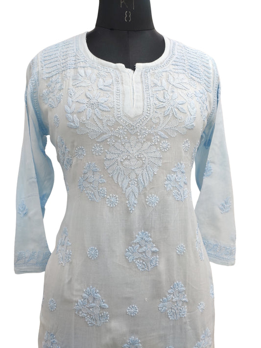 Shyamal Chikan Hand Embroidered Blue Pure Cotton Lucknowi Chikankari Short Top- S22678