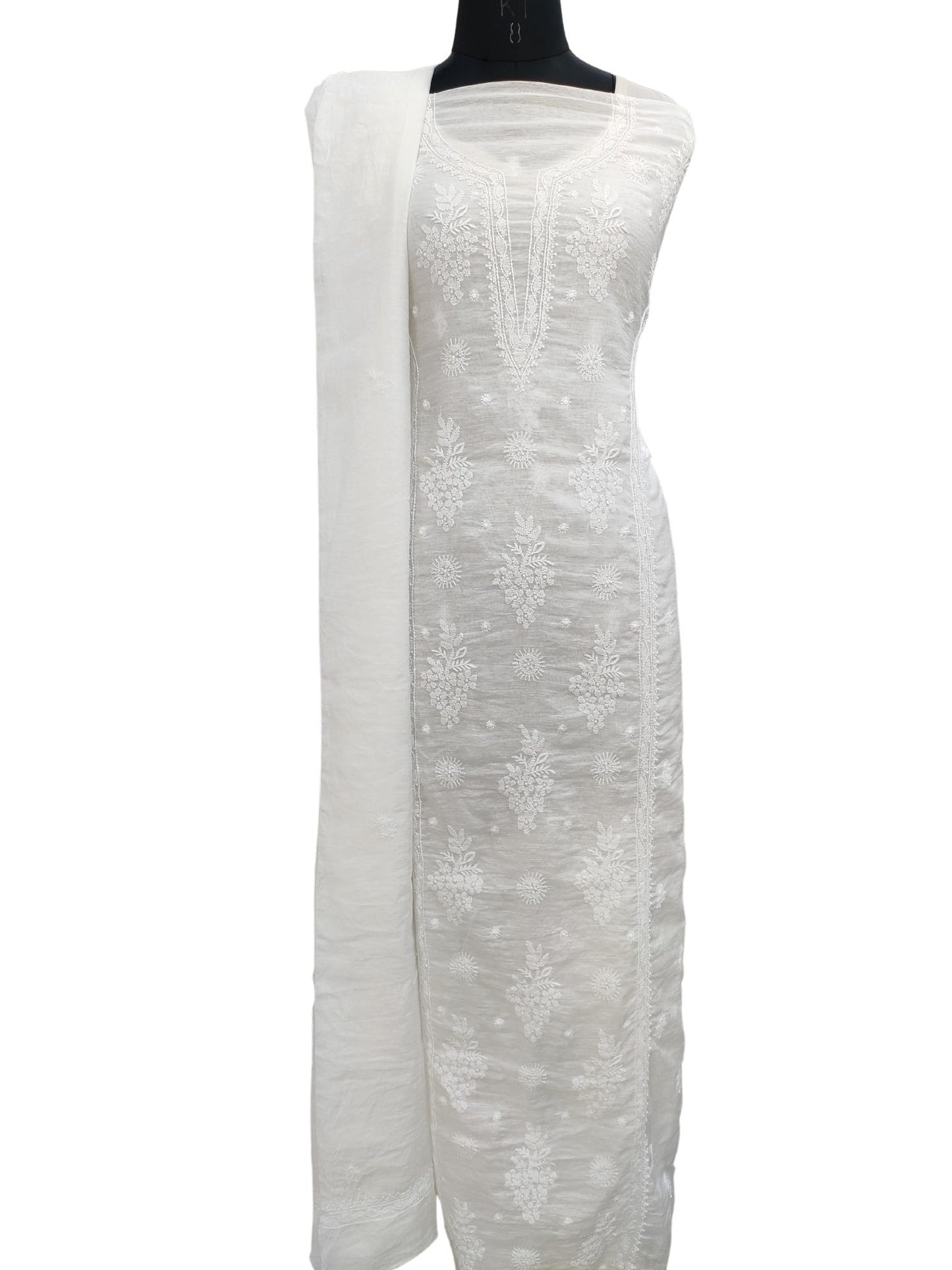 Shyamal Chikan Hand Embroidered White Pure Lenin Lucknowi Chikankari Unstitched Suit Piece ( Set of 2 )- S20474