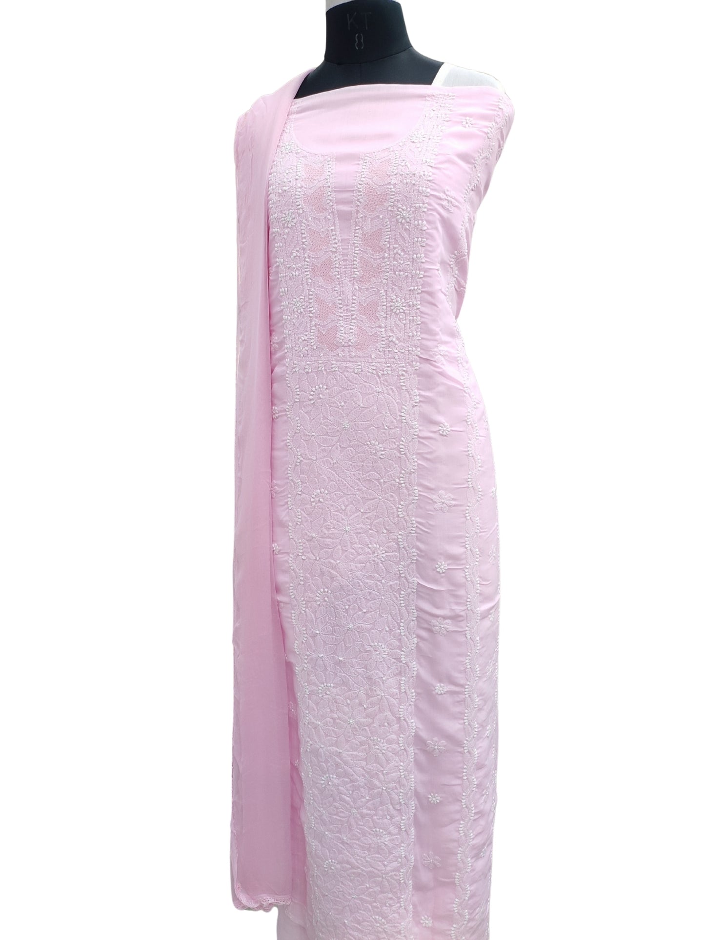 Shyamal Chikan Hand Embroidered Pink Cotton Lucknowi Chikankari Unstitched Suit Piece - S26262