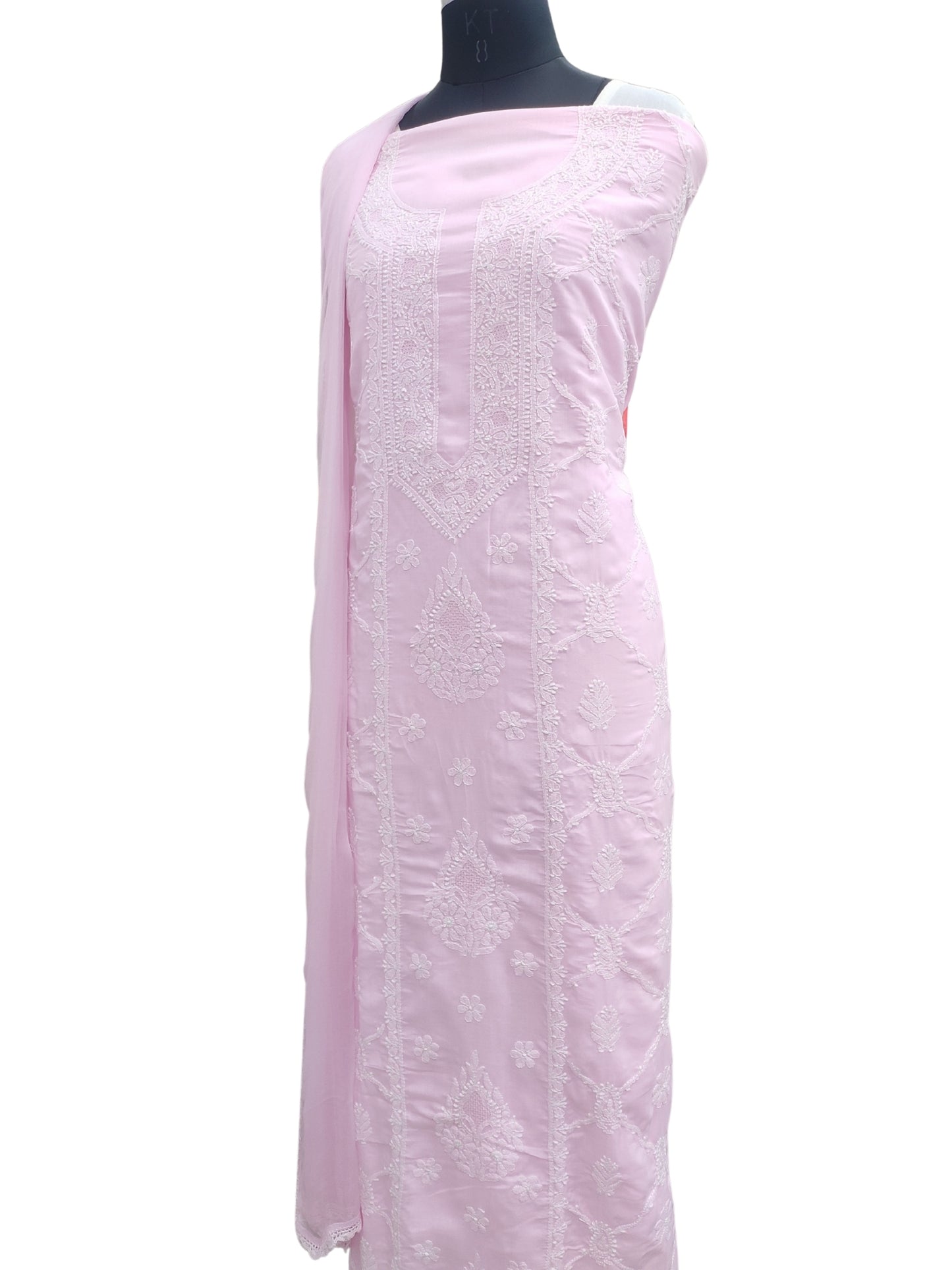 Shyamal Chikan Hand Embroidered Pink Cotton Lucknowi Chikankari Unstitched Suit Piece - S26712