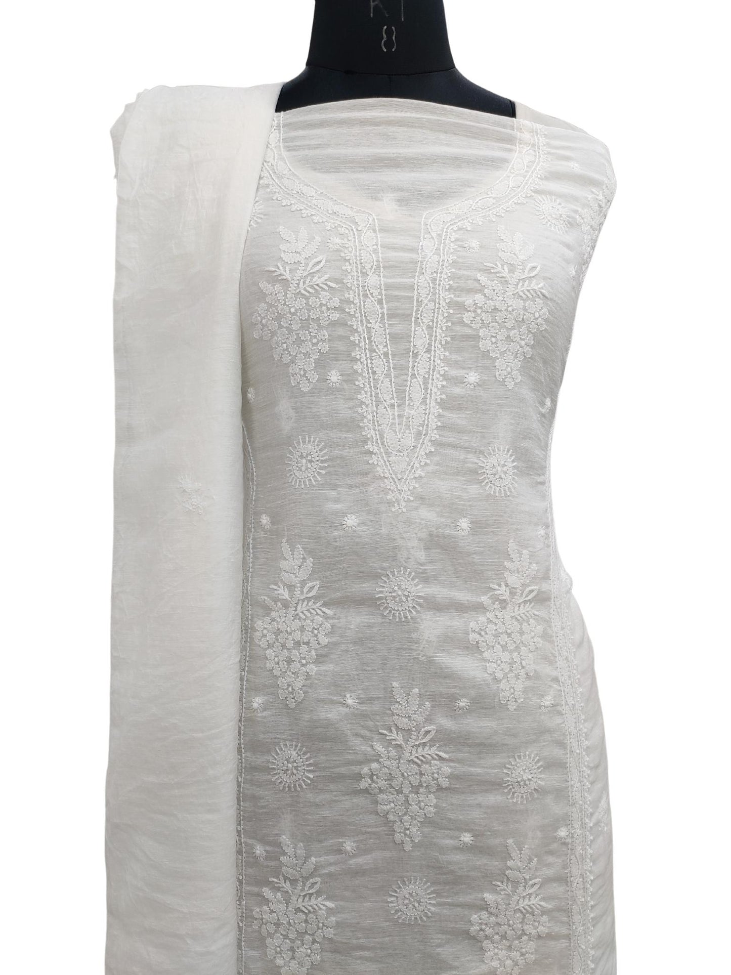 Shyamal Chikan Hand Embroidered White Pure Lenin Lucknowi Chikankari Unstitched Suit Piece (Kurta Dupatta Set )- S20474
