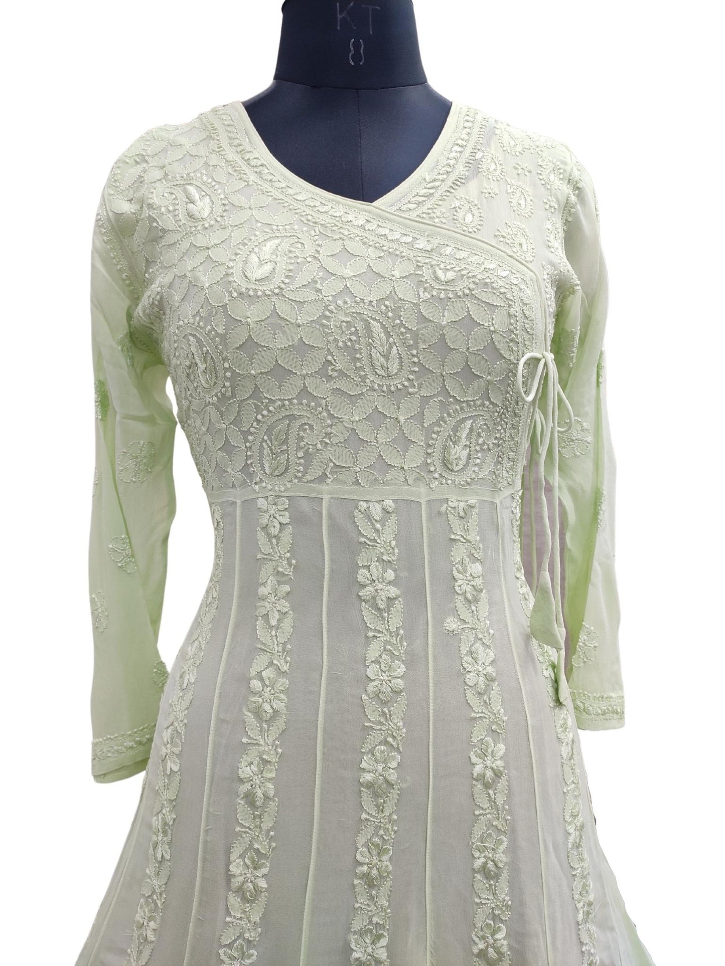 Shyamal Chikan Hand Embroidered Green Viscose Georgette Lucknowi Chikankari Anarkali Gown - S20430