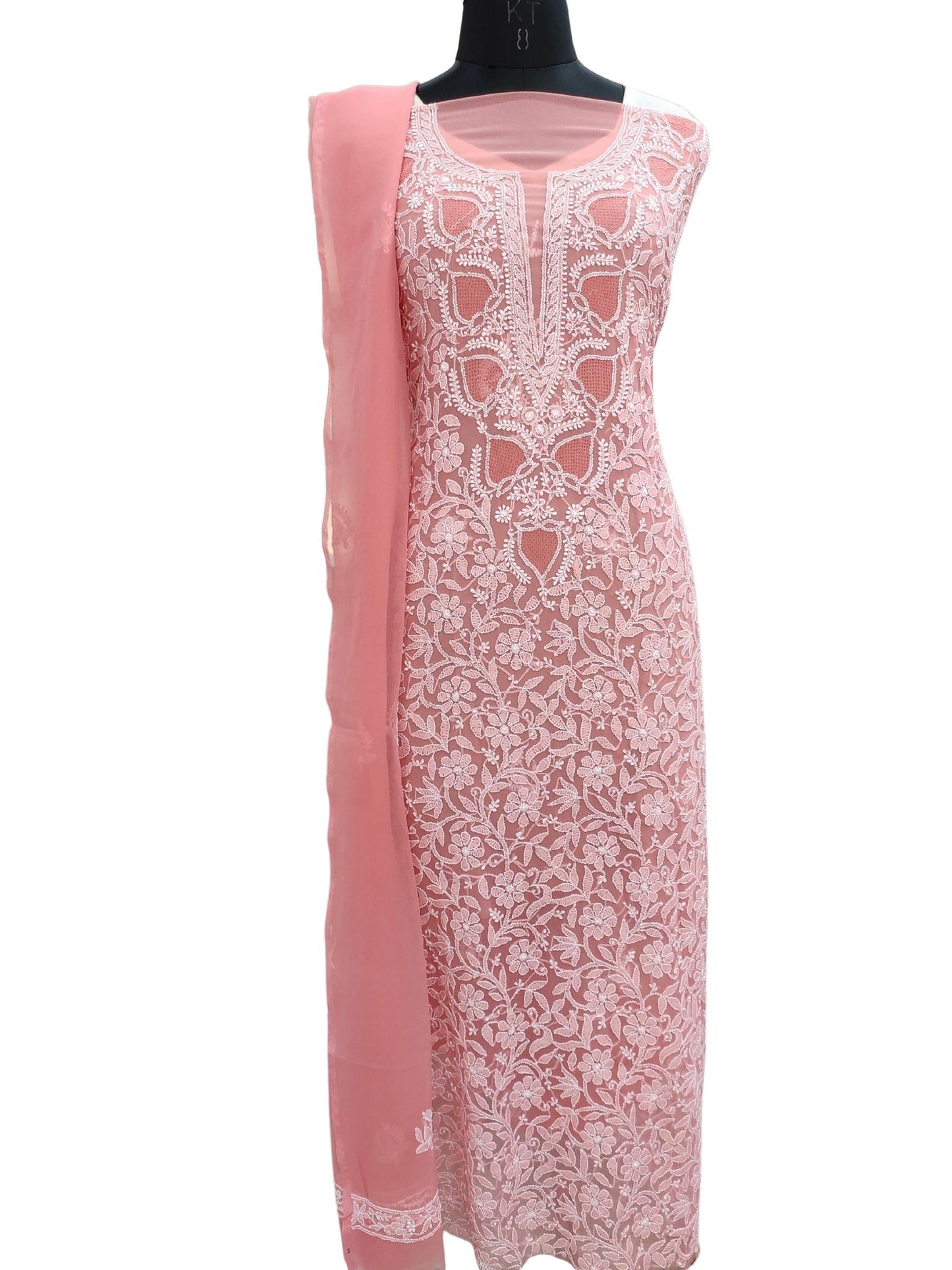 Shyamal Chikan Hand Embroidered Dark Peach Georgette Lucknowi Chikankari Unstitched Suit Piece with Jaali work - S20235