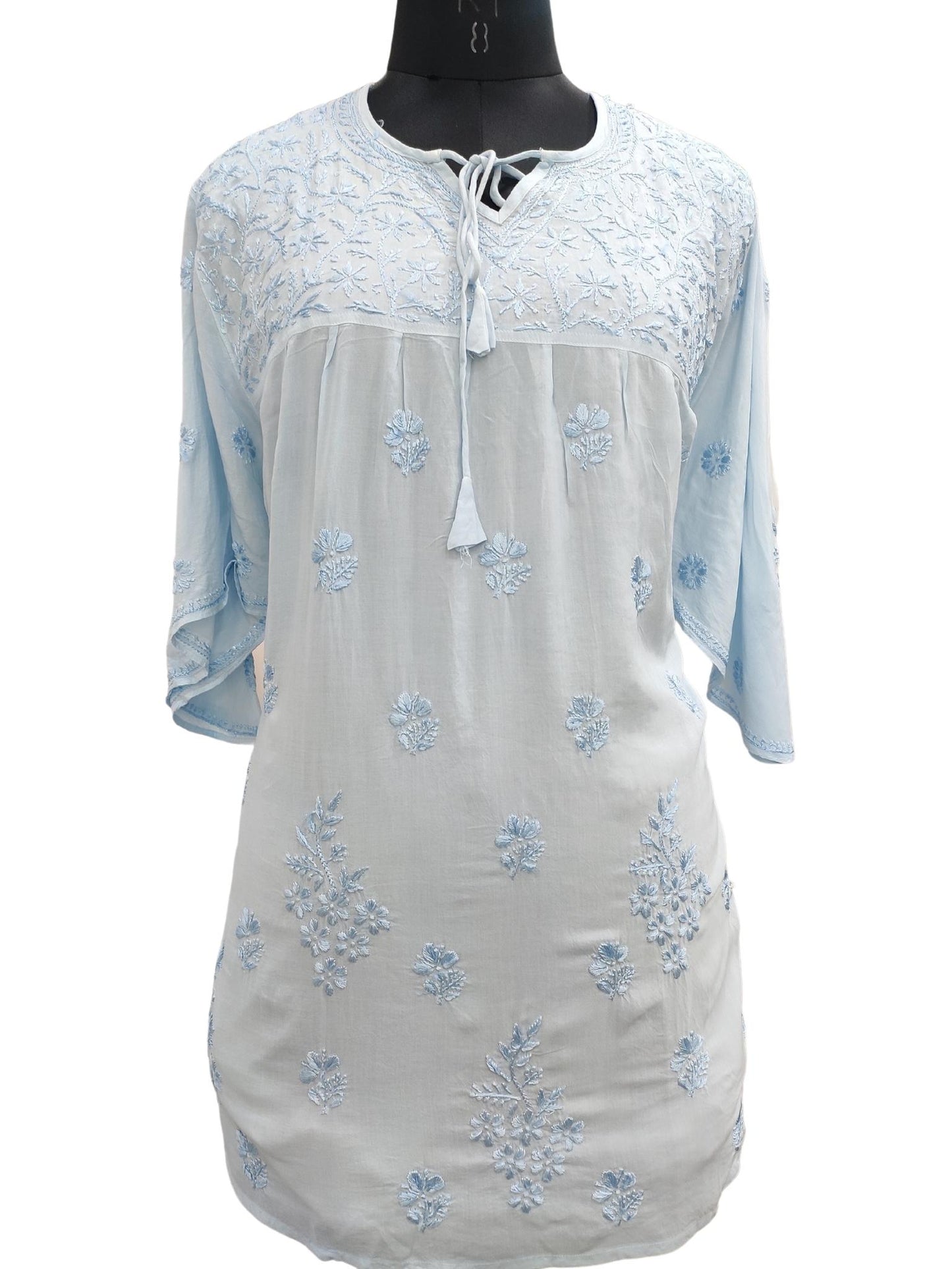 Shyamal Chikan Hand Embroidered Blue Modal Lucknowi Chikankari Kaftaan Short Top- S20409