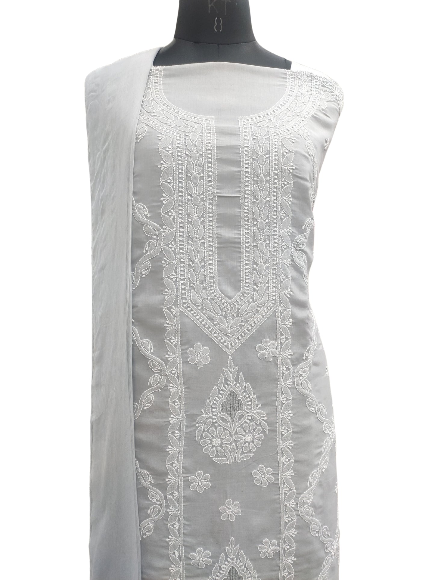 Shyamal Chikan Hand Embroidered Grey Cotton Lucknowi Chikankari Unstitched Suit Piece - S26709