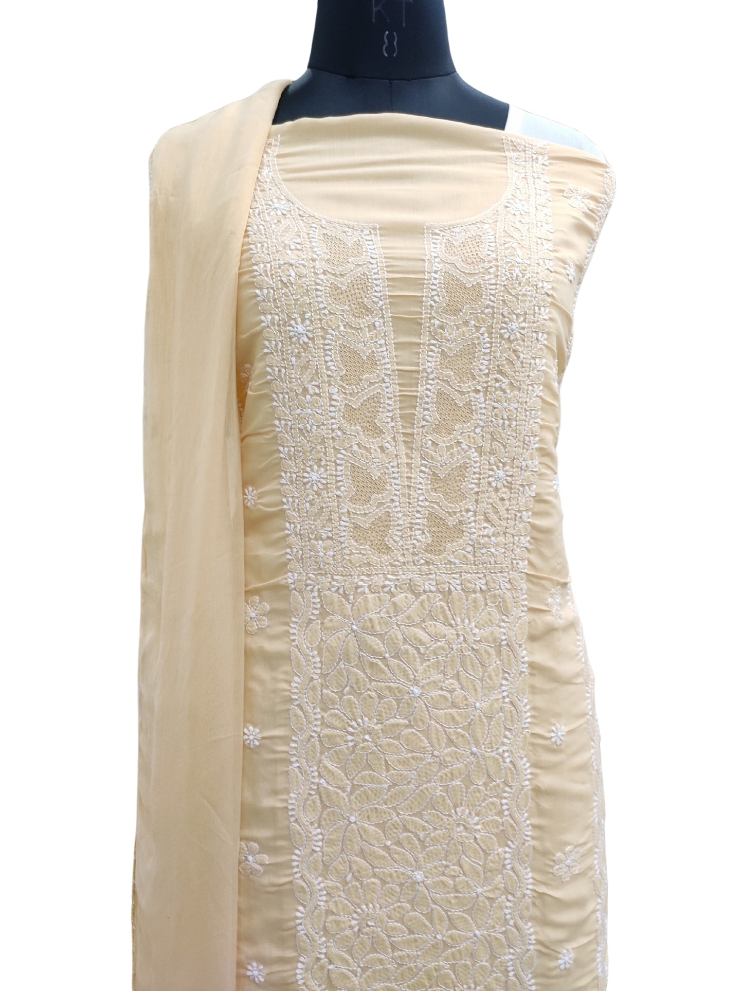 Shyamal Chikan Hand Embroidered Beige Cotton Lucknowi Chikankari Unstitched Suit Piece - S26244