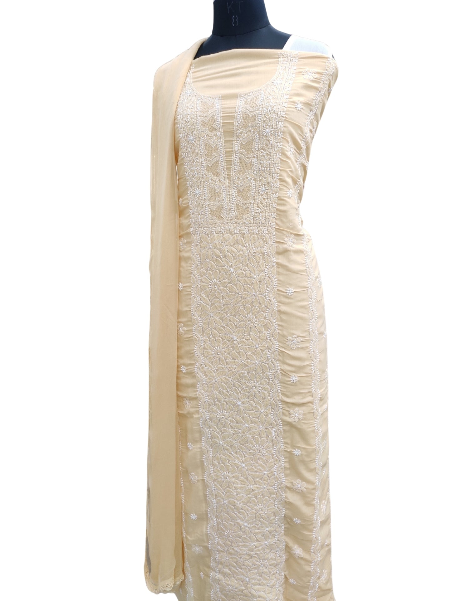 Shyamal Chikan Hand Embroidered Beige Cotton Lucknowi Chikankari Unstitched Suit Piece - S26244