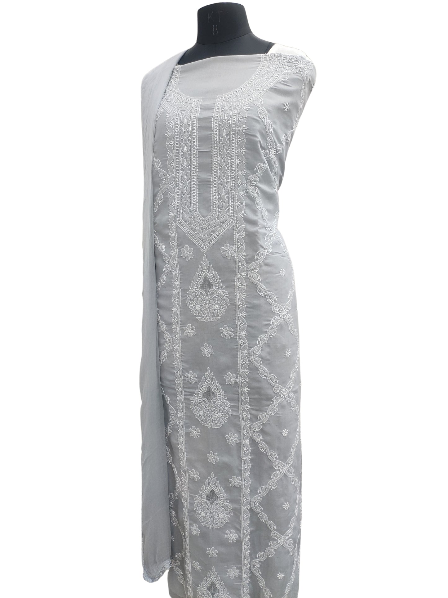 Shyamal Chikan Hand Embroidered Grey Cotton Lucknowi Chikankari Unstitched Suit Piece - S26709