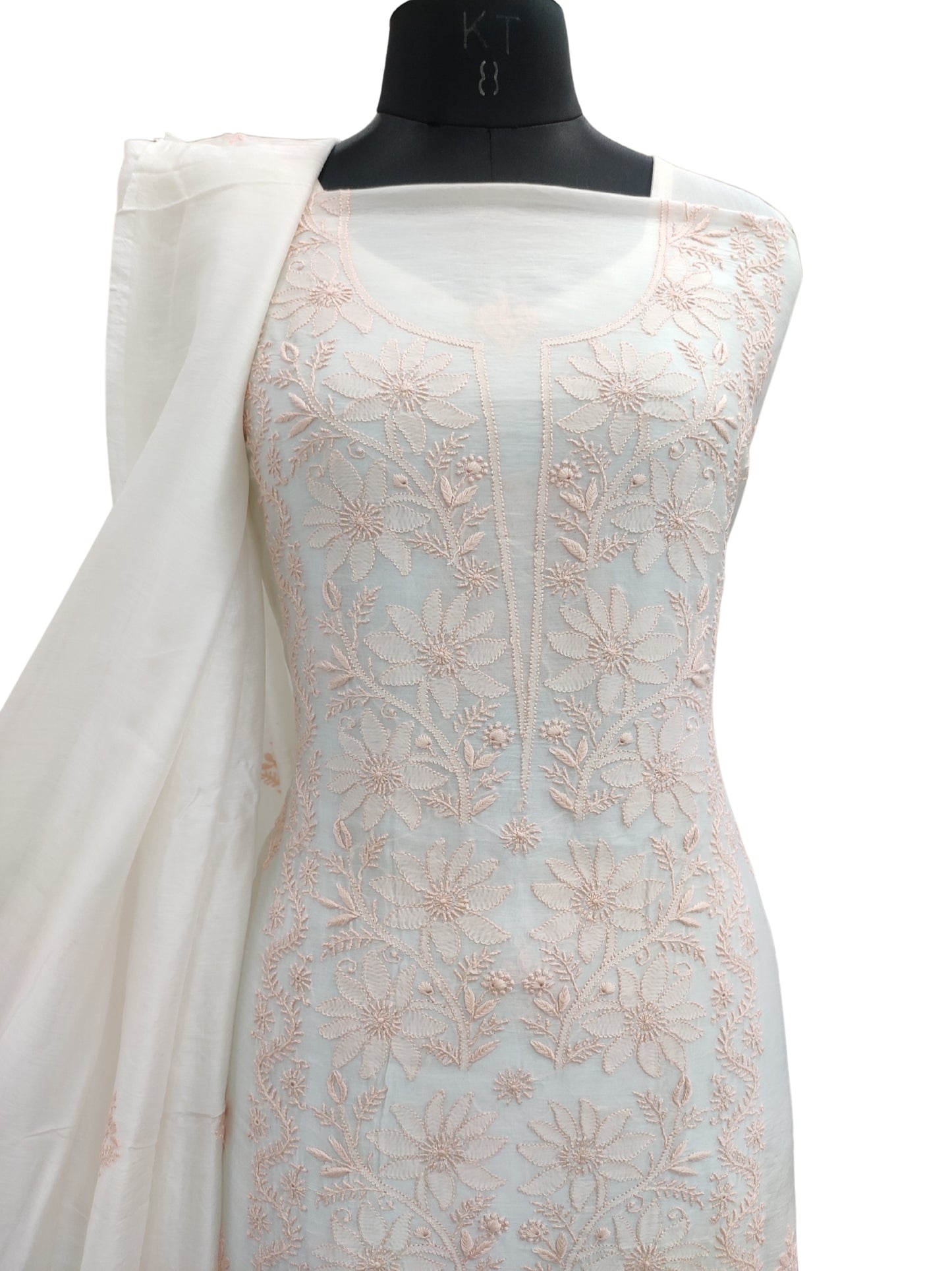 Shyamal Chikan Hand Embroidered White American Cotton Lucknowi Chikankari Unstitched Suit Piece (Kurta Dupatta Set) - S26196